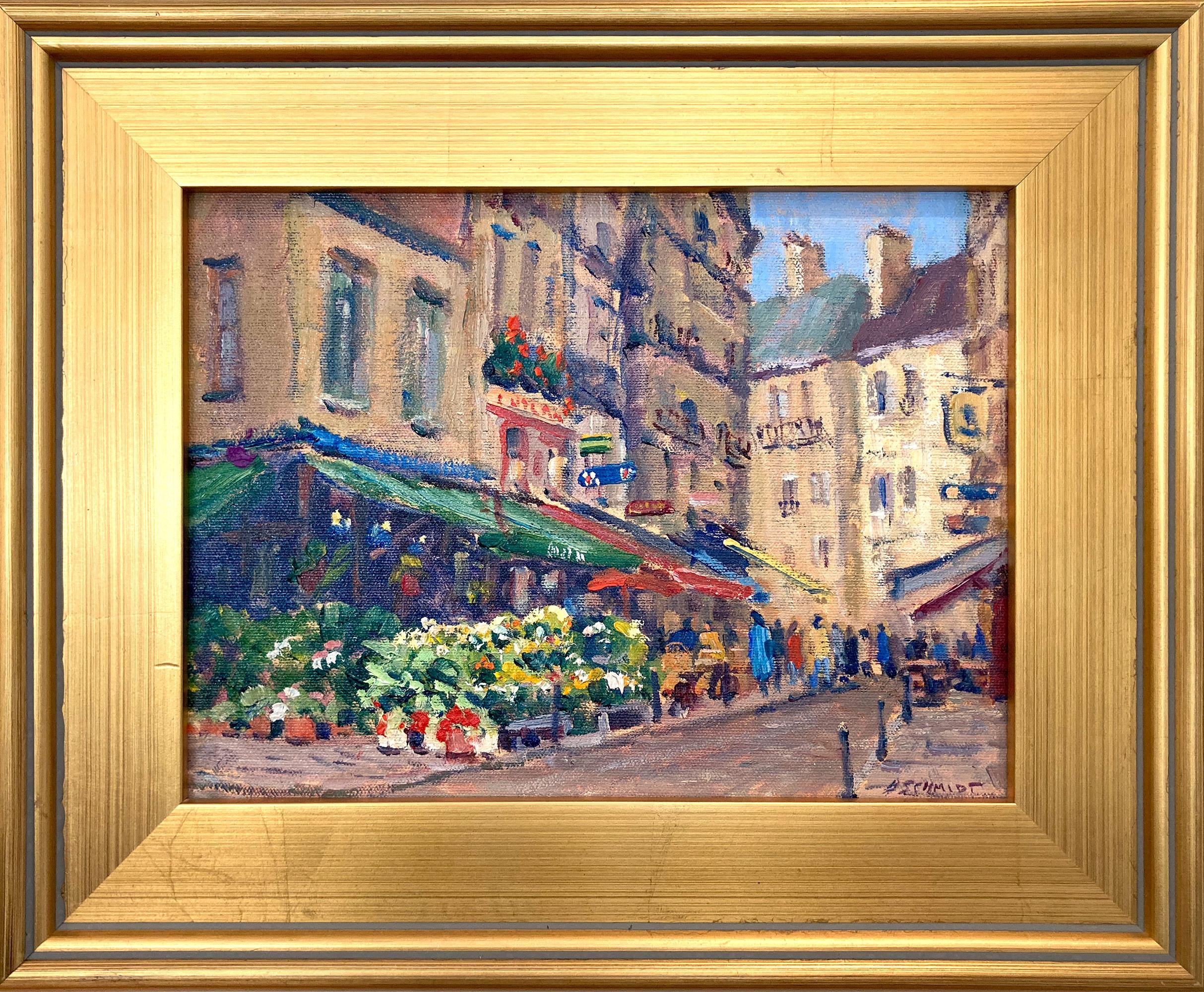"Rue de Buci" - Dipinto a olio incorniciato raffigurante una scena urbana impressionista dipinta en plein air in Francia