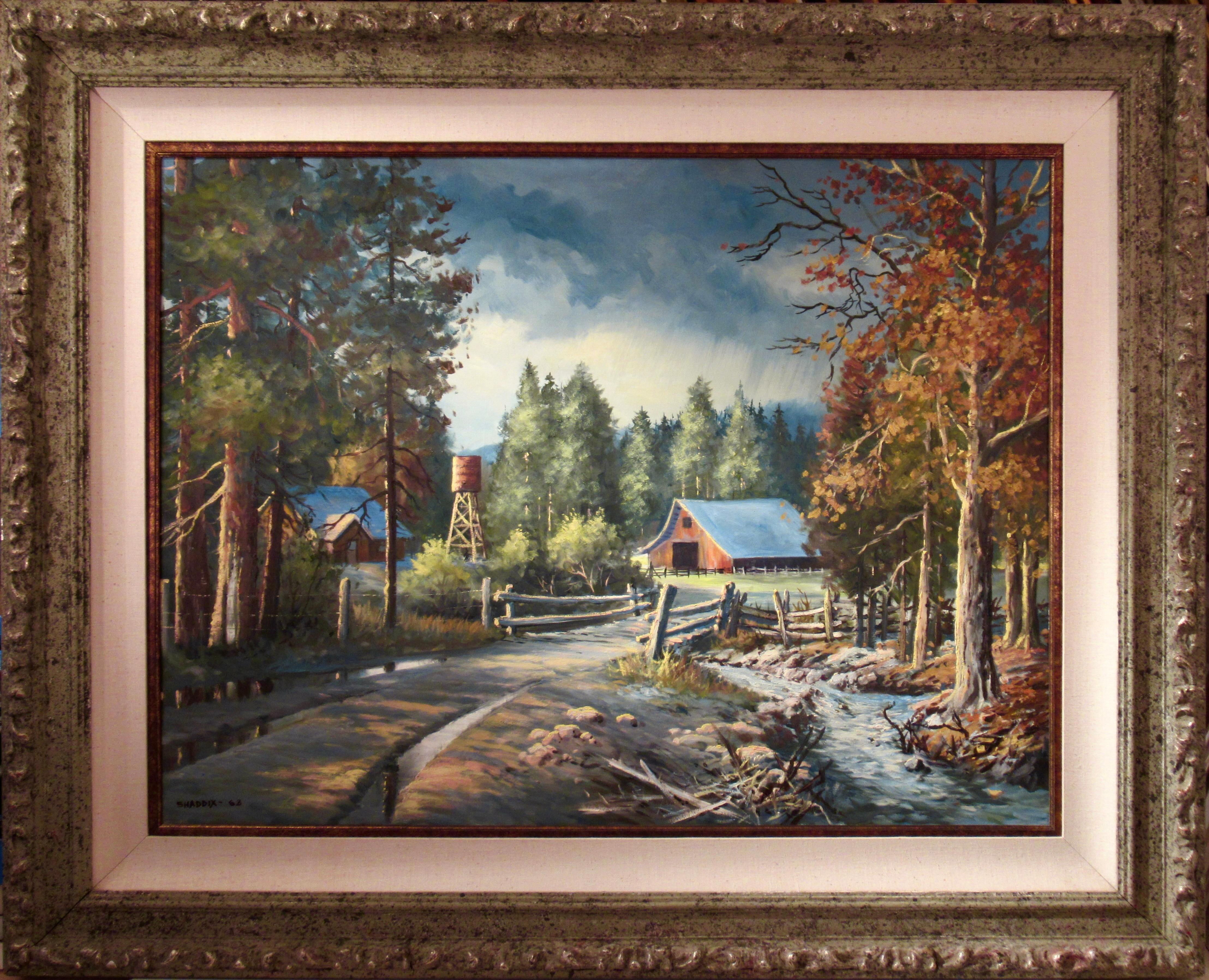 Bill Shaddix Figurative Painting - "Landscape with Barn" large oil painting on canvas