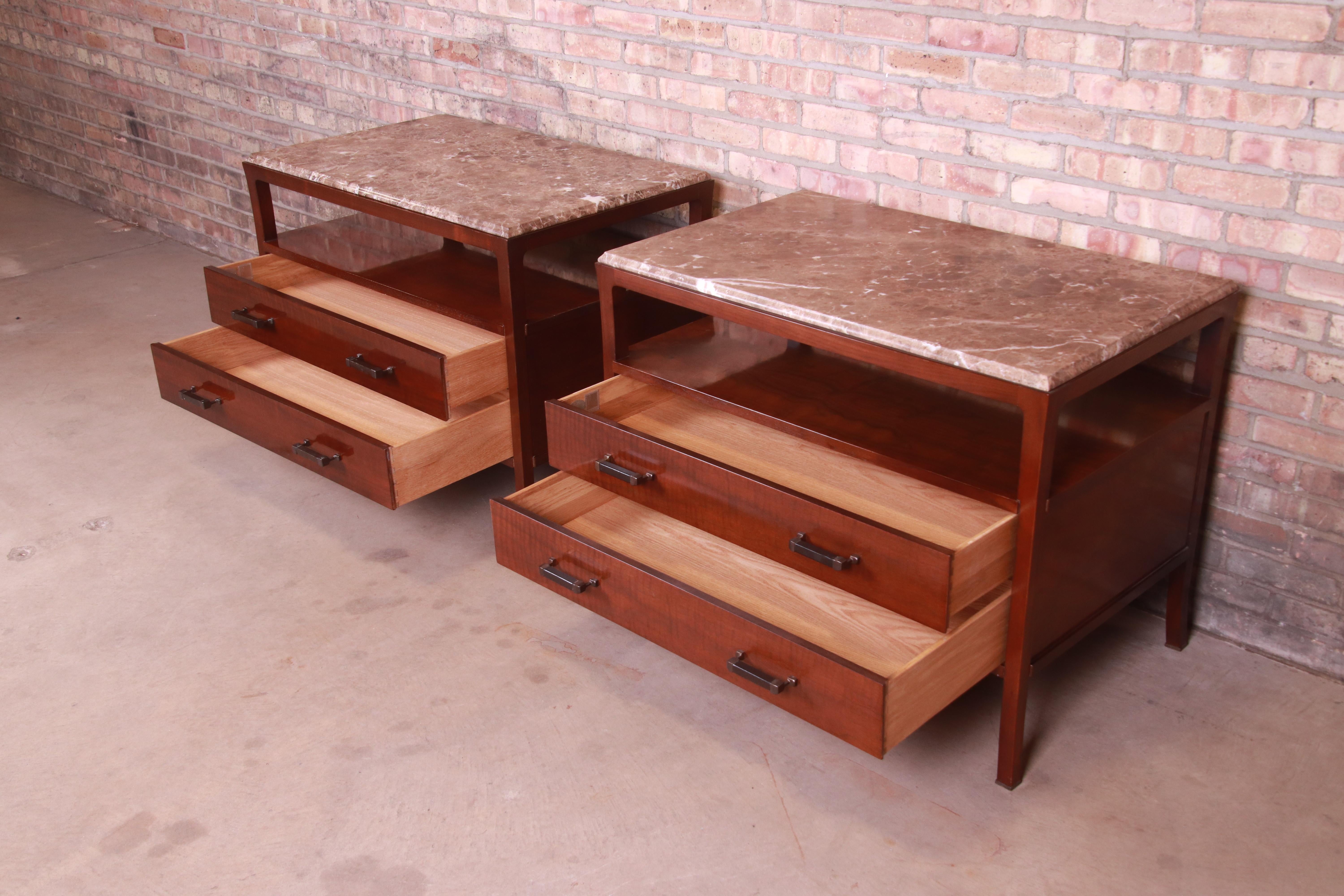 Bill Sofield for Baker Furniture Modern Mahogany Marble Top Bedside Chests, Pair 5