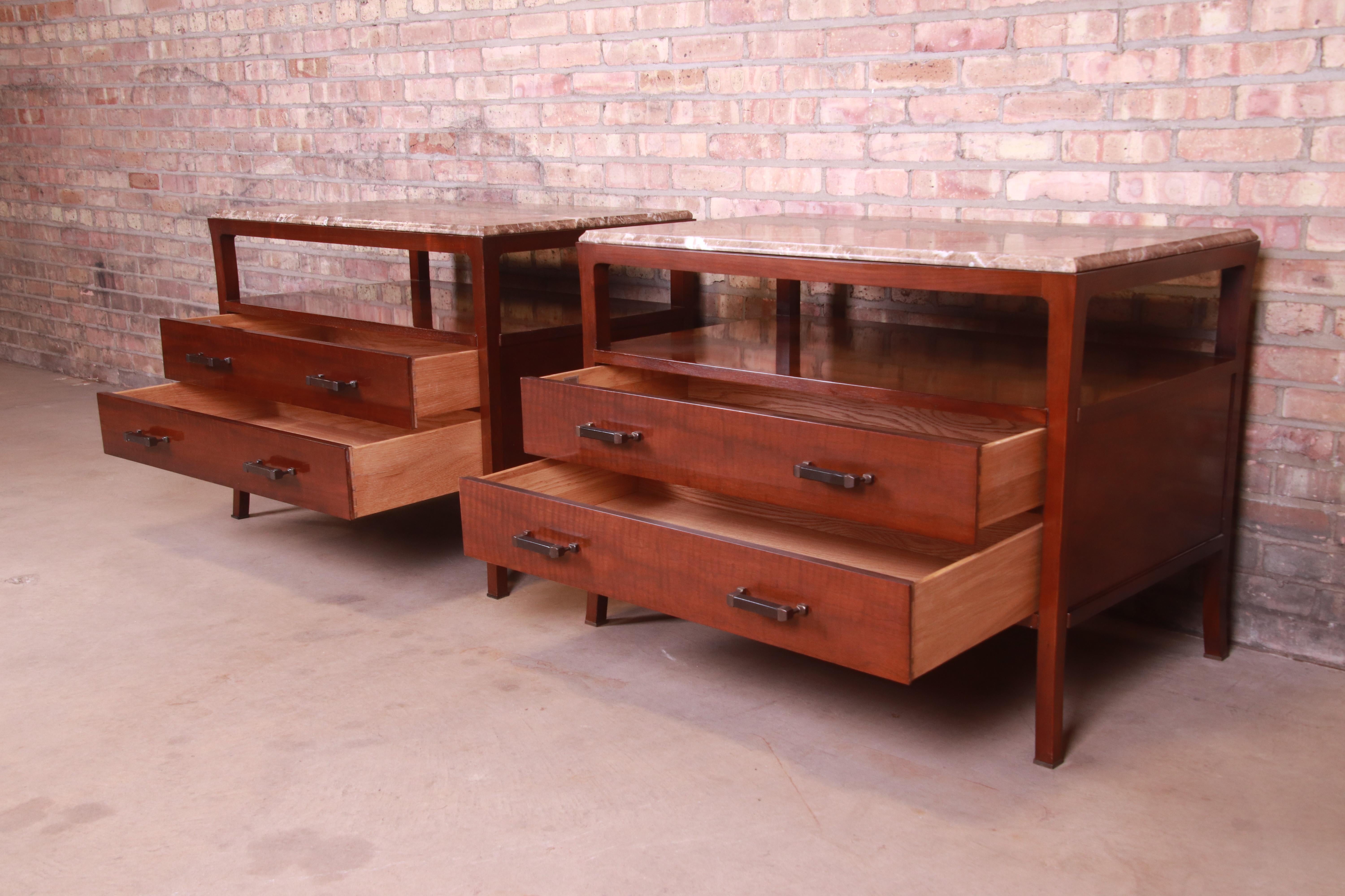 Bill Sofield for Baker Furniture Modern Mahogany Marble Top Bedside Chests, Pair 6