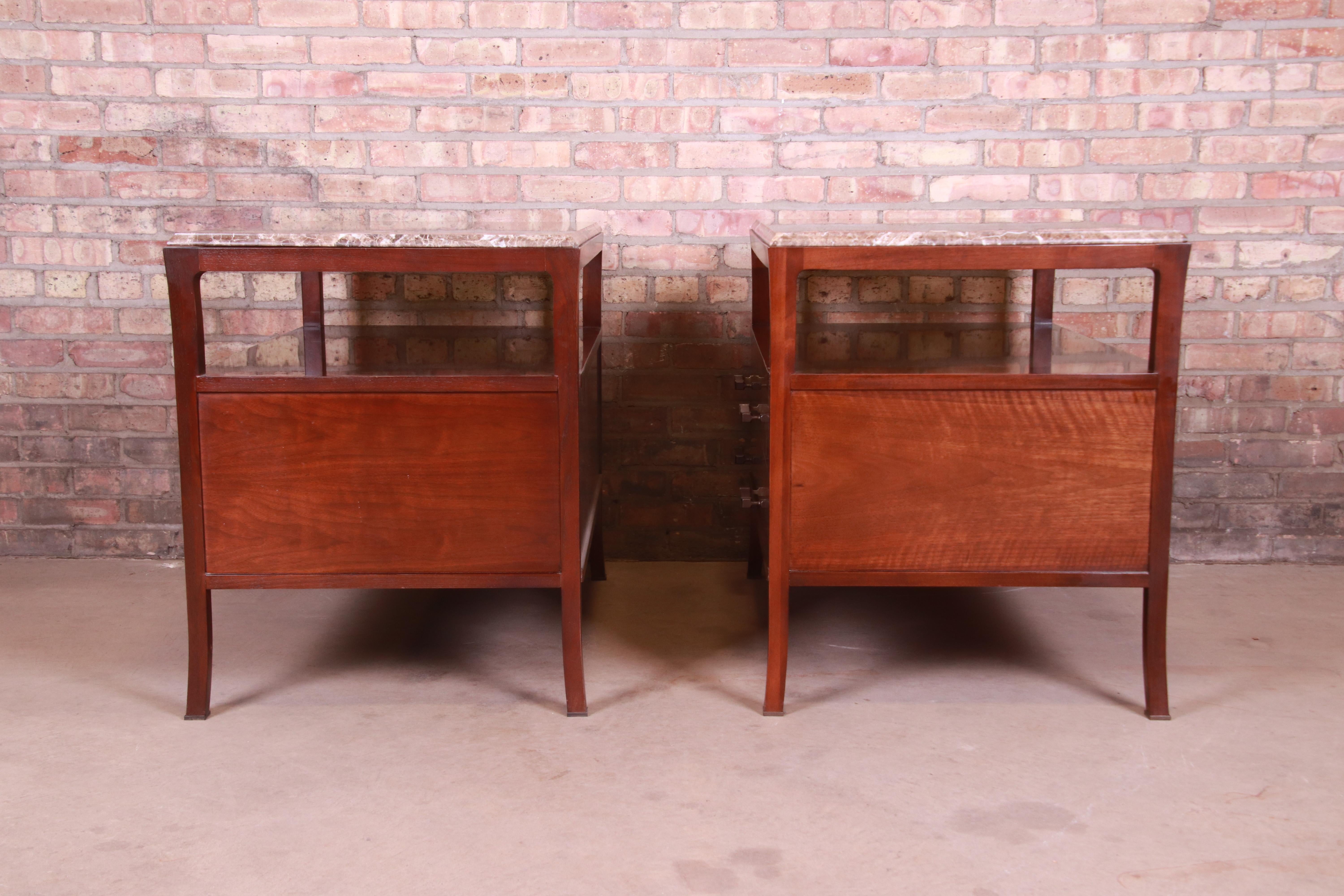 Bill Sofield for Baker Furniture Modern Mahogany Marble Top Bedside Chests, Pair 7