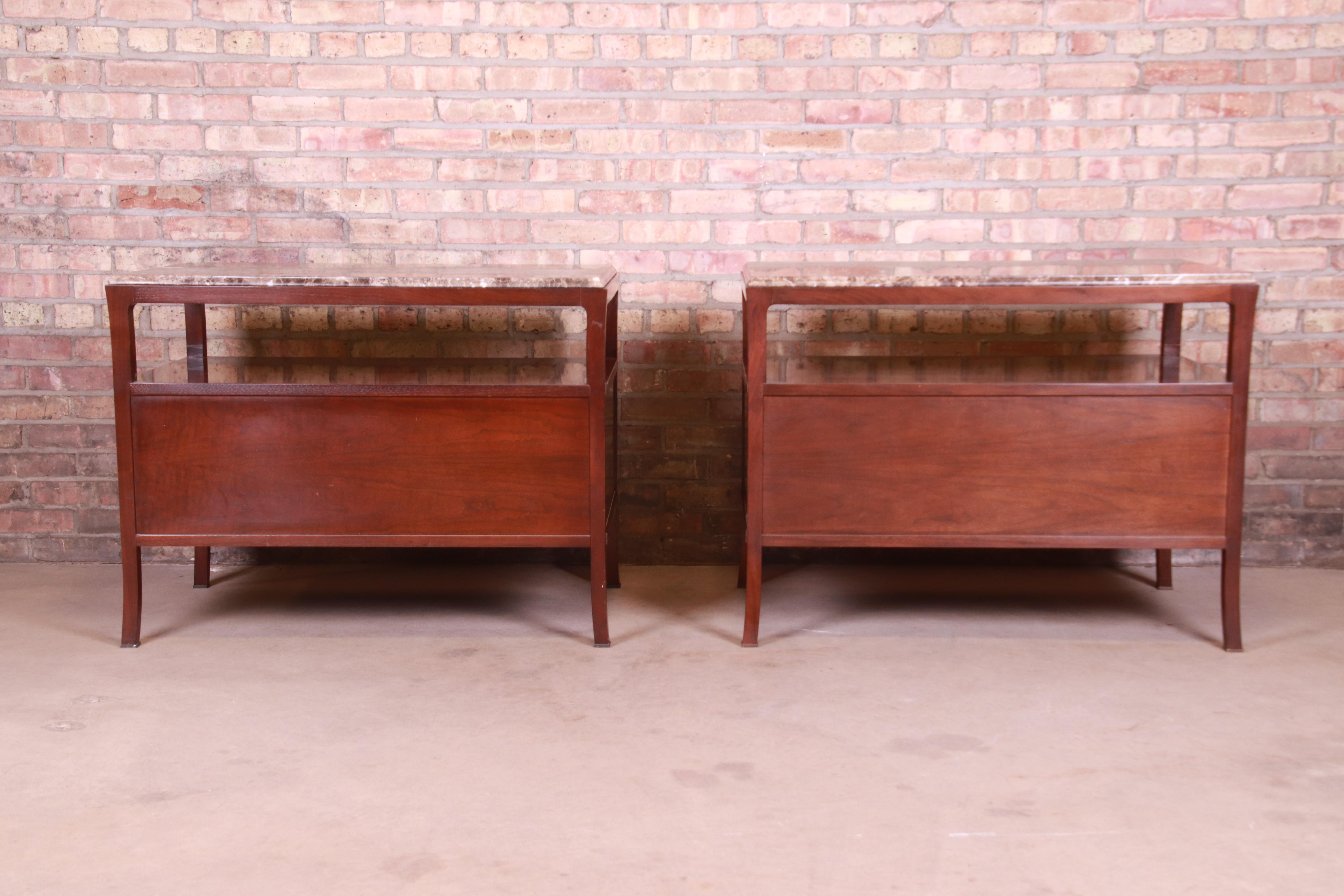 Bill Sofield for Baker Furniture Modern Mahogany Marble Top Bedside Chests, Pair 8