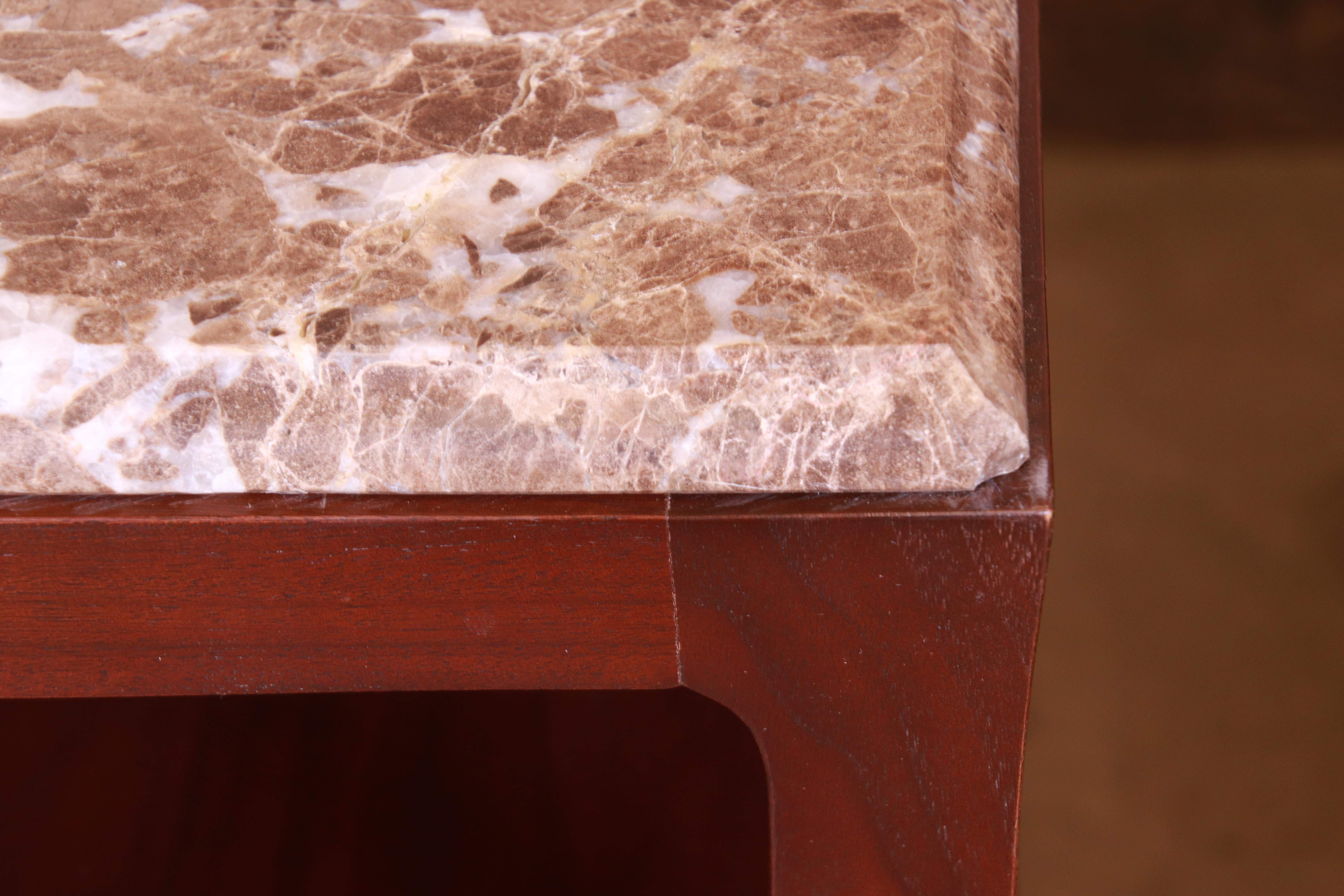 Bill Sofield for Baker Furniture Modern Mahogany Marble Top Bedside Chests, Pair 10