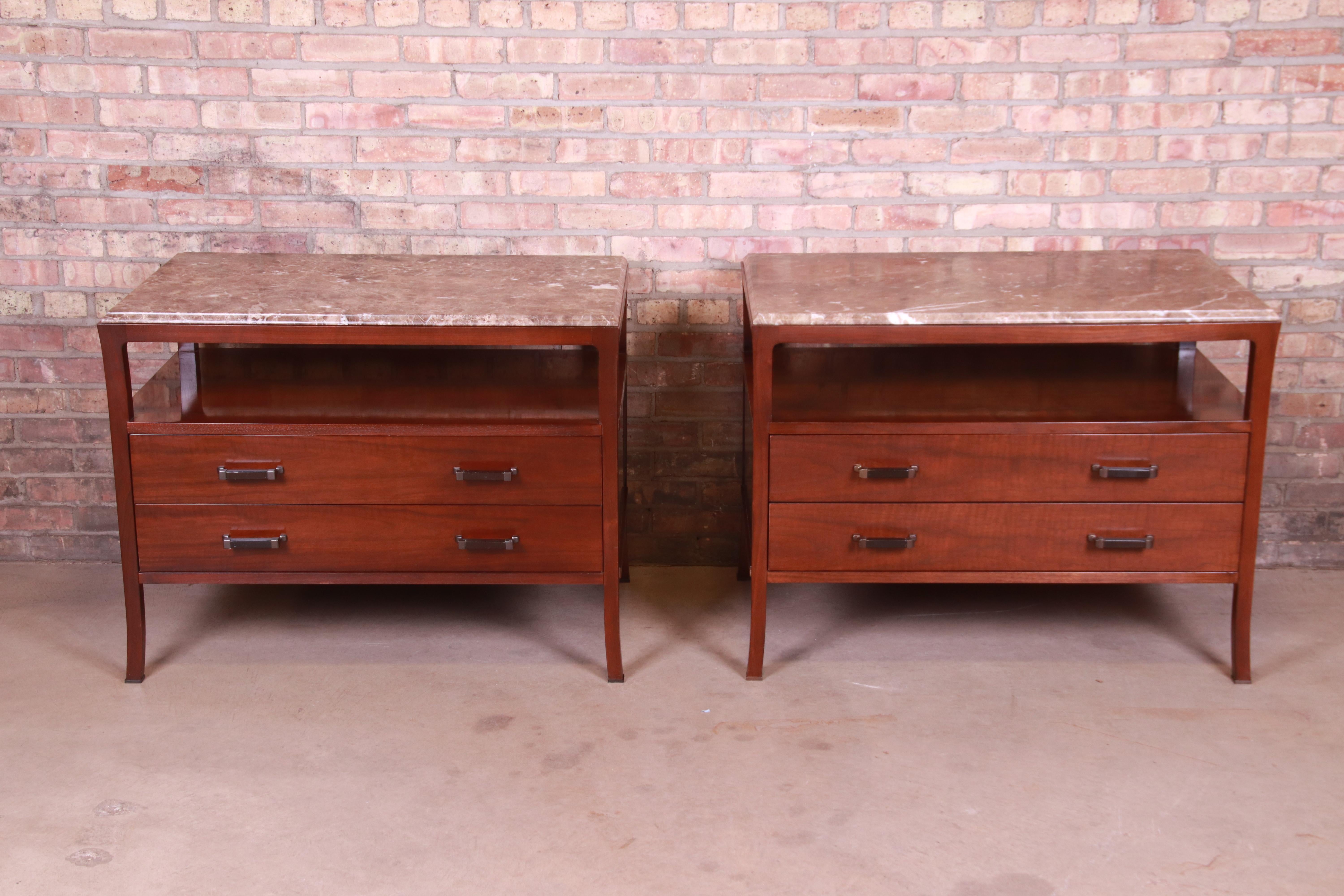 A gorgeous pair of modern marble top commodes or large nightstands

By Bill Sofield for Baker Furniture

USA, Early 21st Century

Mahogany, with beveled marble tops.

Measures: 38