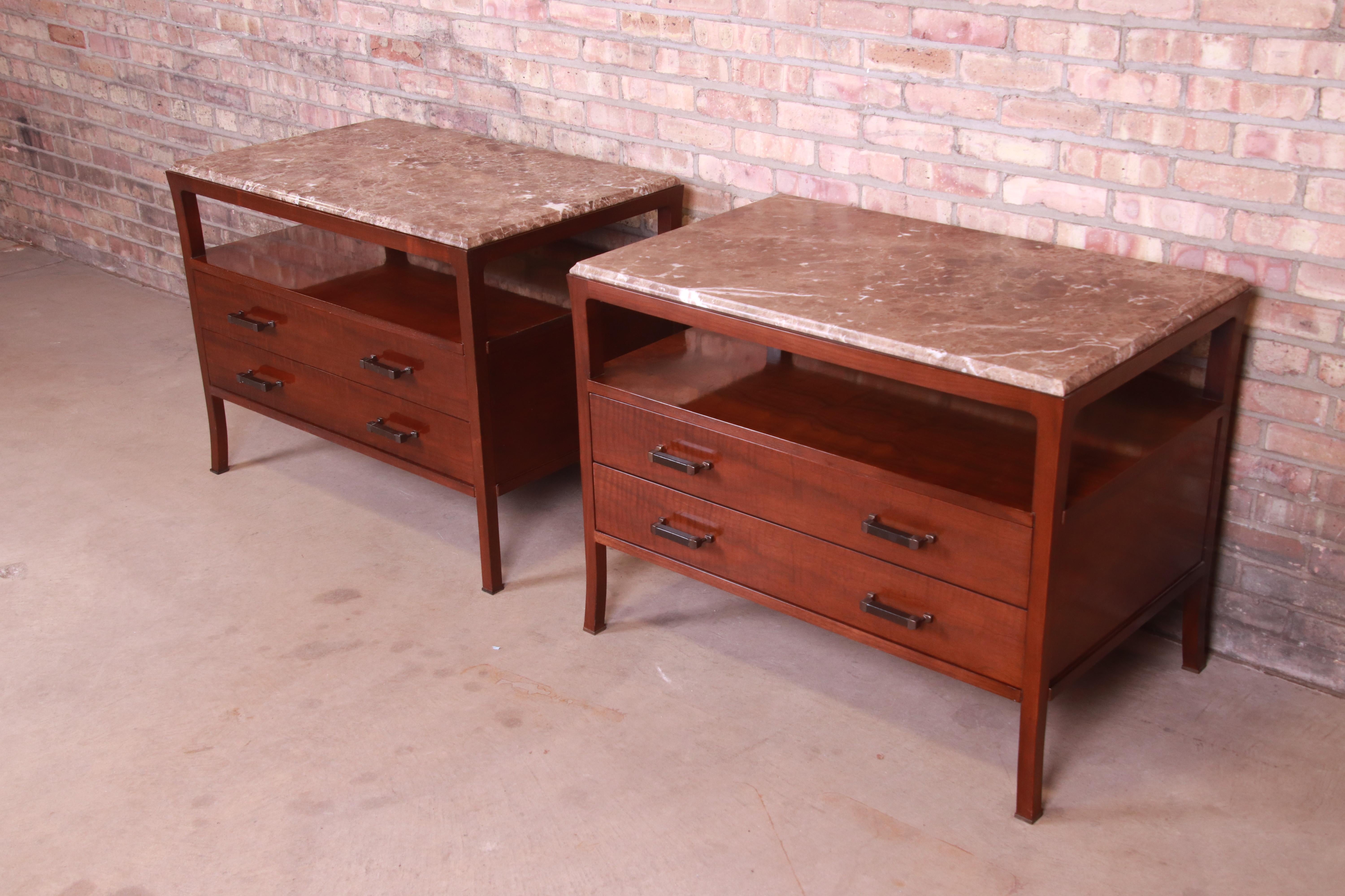 American Bill Sofield for Baker Furniture Modern Mahogany Marble Top Bedside Chests, Pair