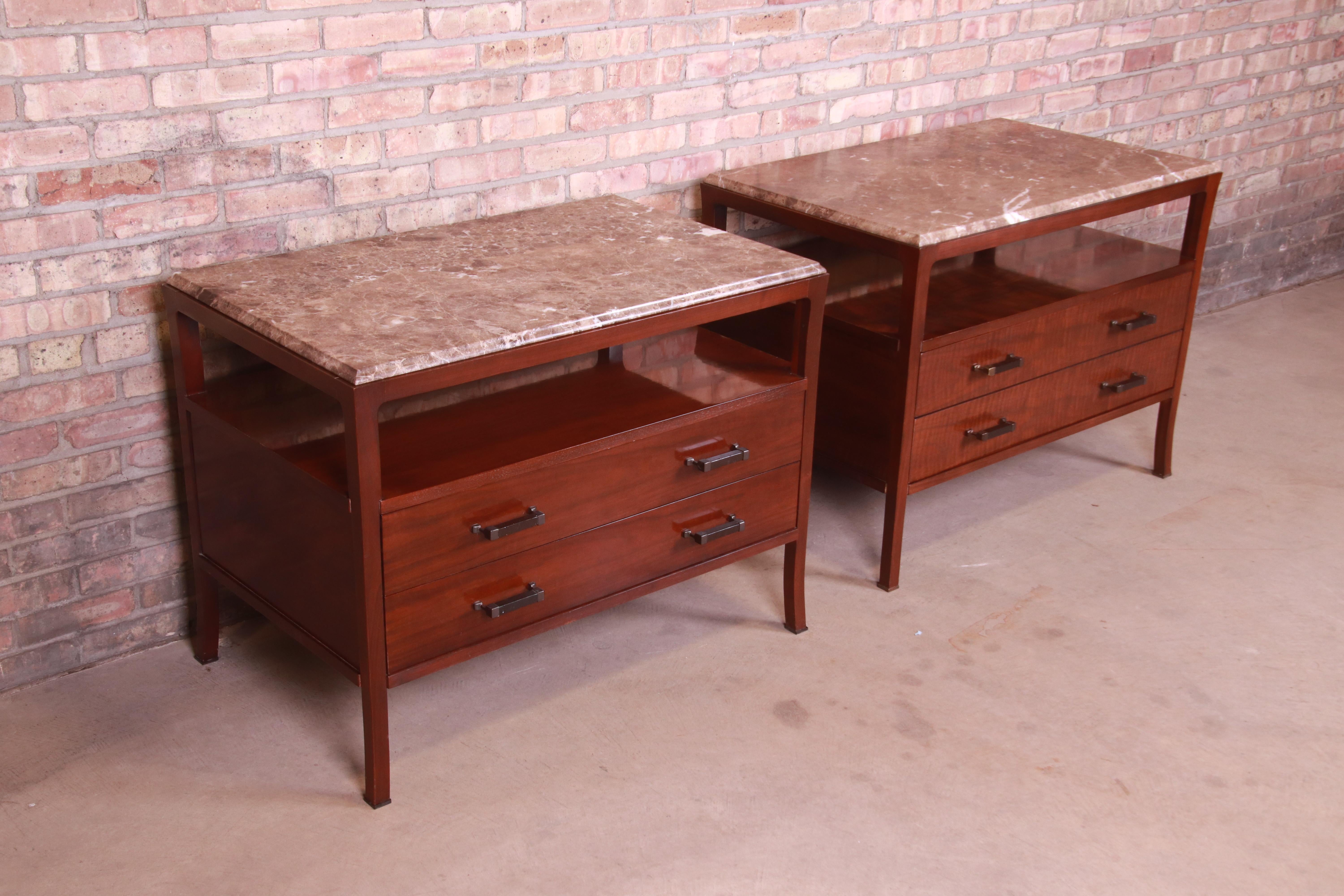 20th Century Bill Sofield for Baker Furniture Modern Mahogany Marble Top Bedside Chests, Pair