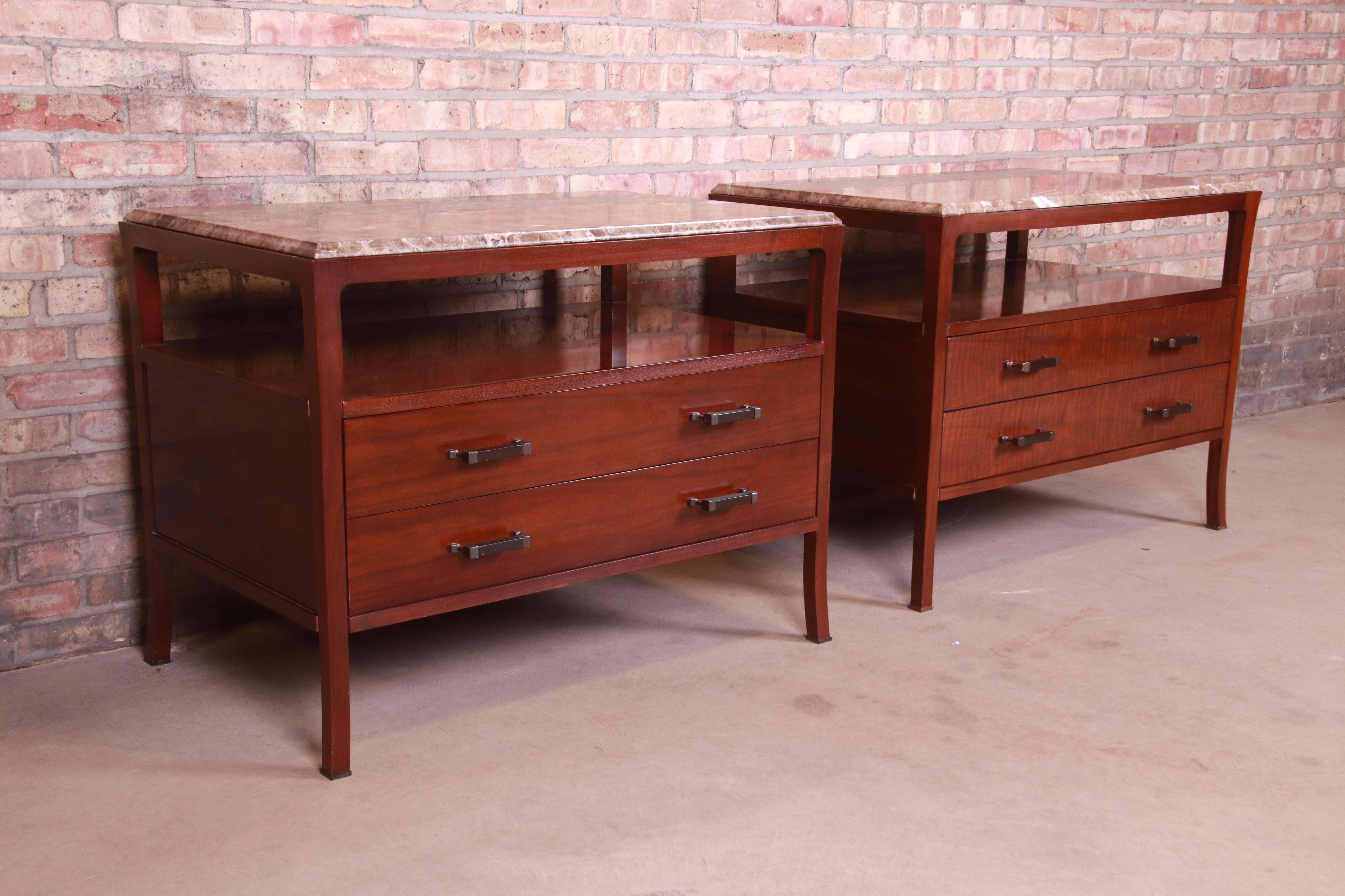 Bill Sofield for Baker Furniture Modern Mahogany Marble Top Bedside Chests, Pair 1