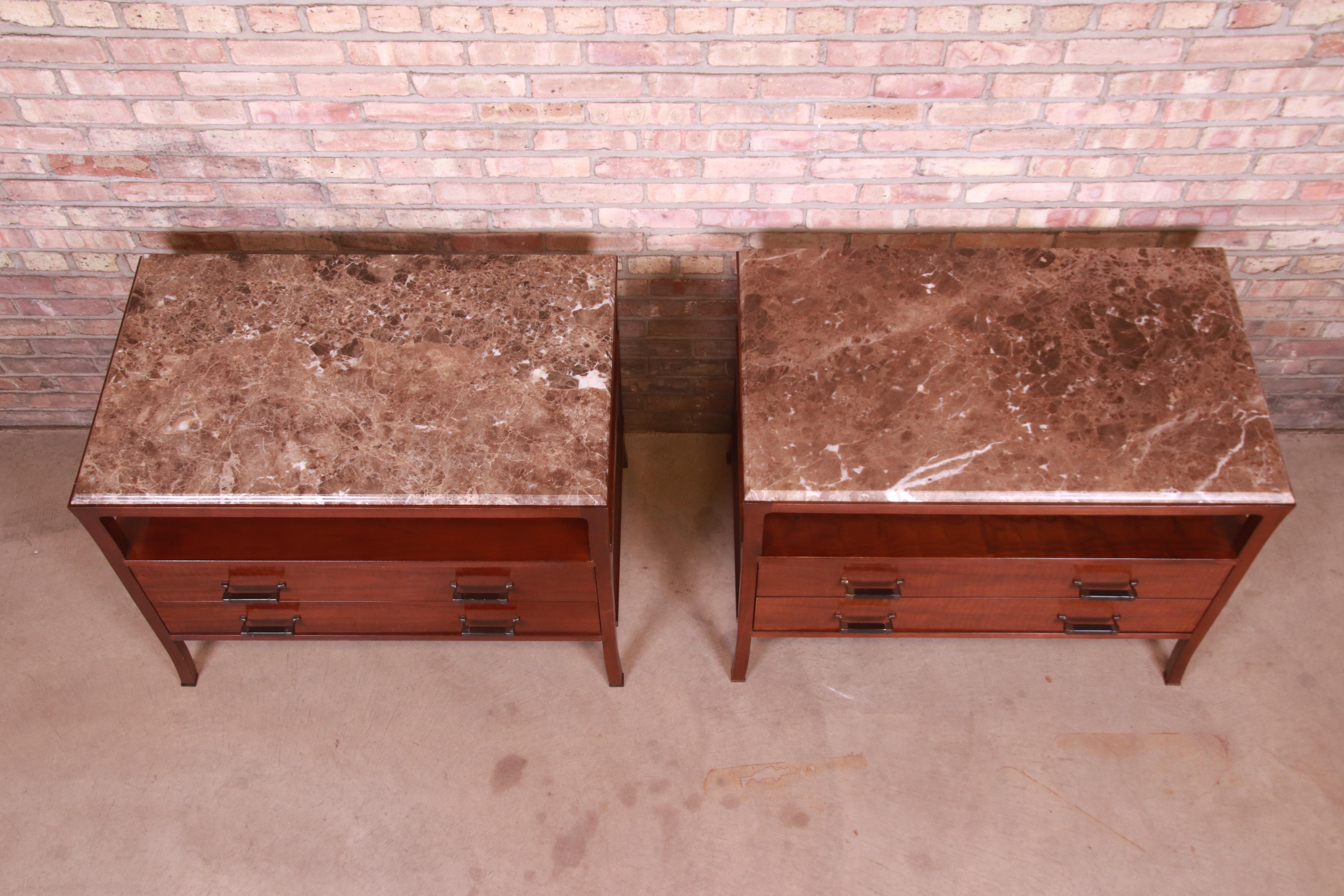 Bill Sofield for Baker Furniture Modern Mahogany Marble Top Bedside Chests, Pair 2