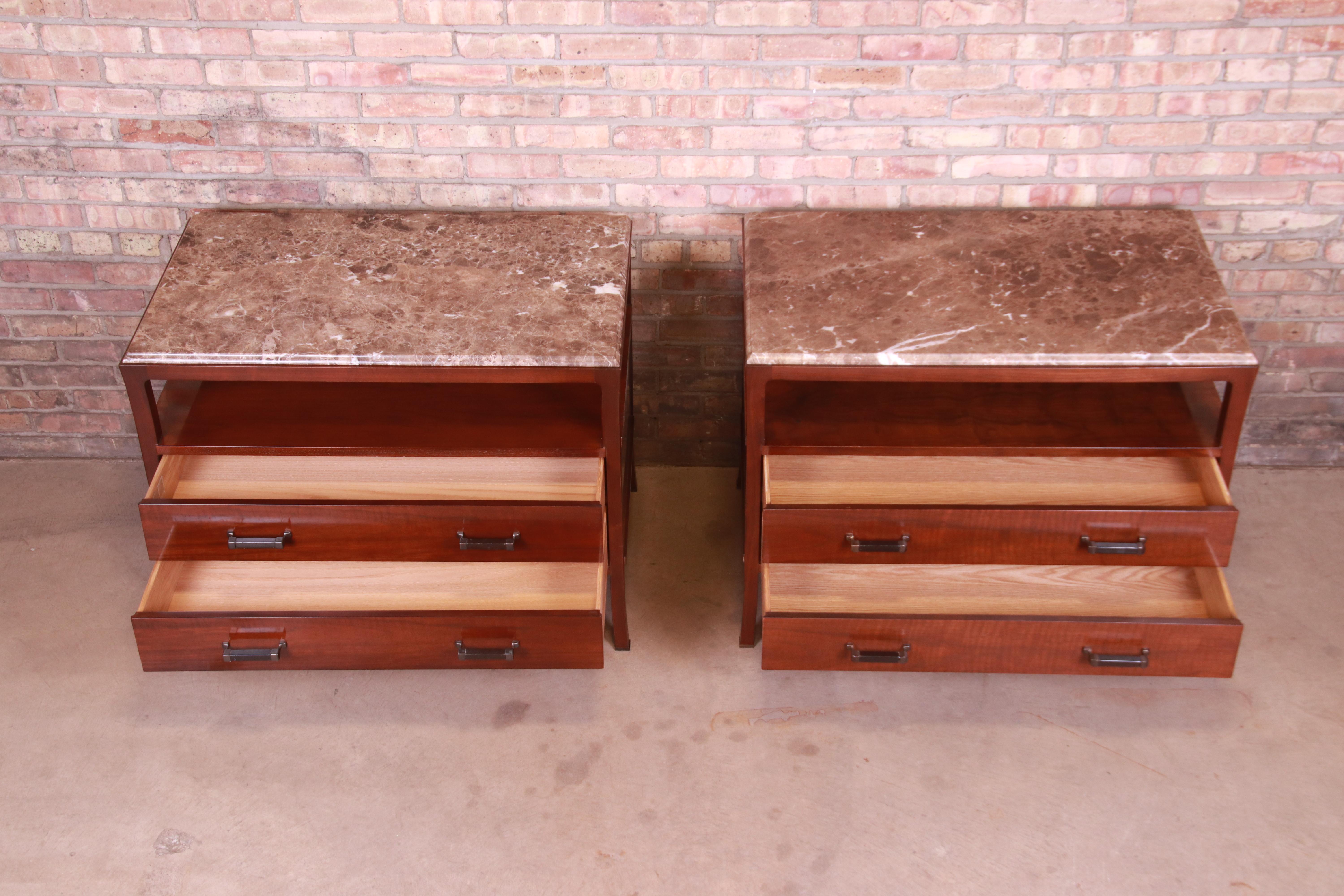 Bill Sofield for Baker Furniture Modern Mahogany Marble Top Bedside Chests, Pair 3