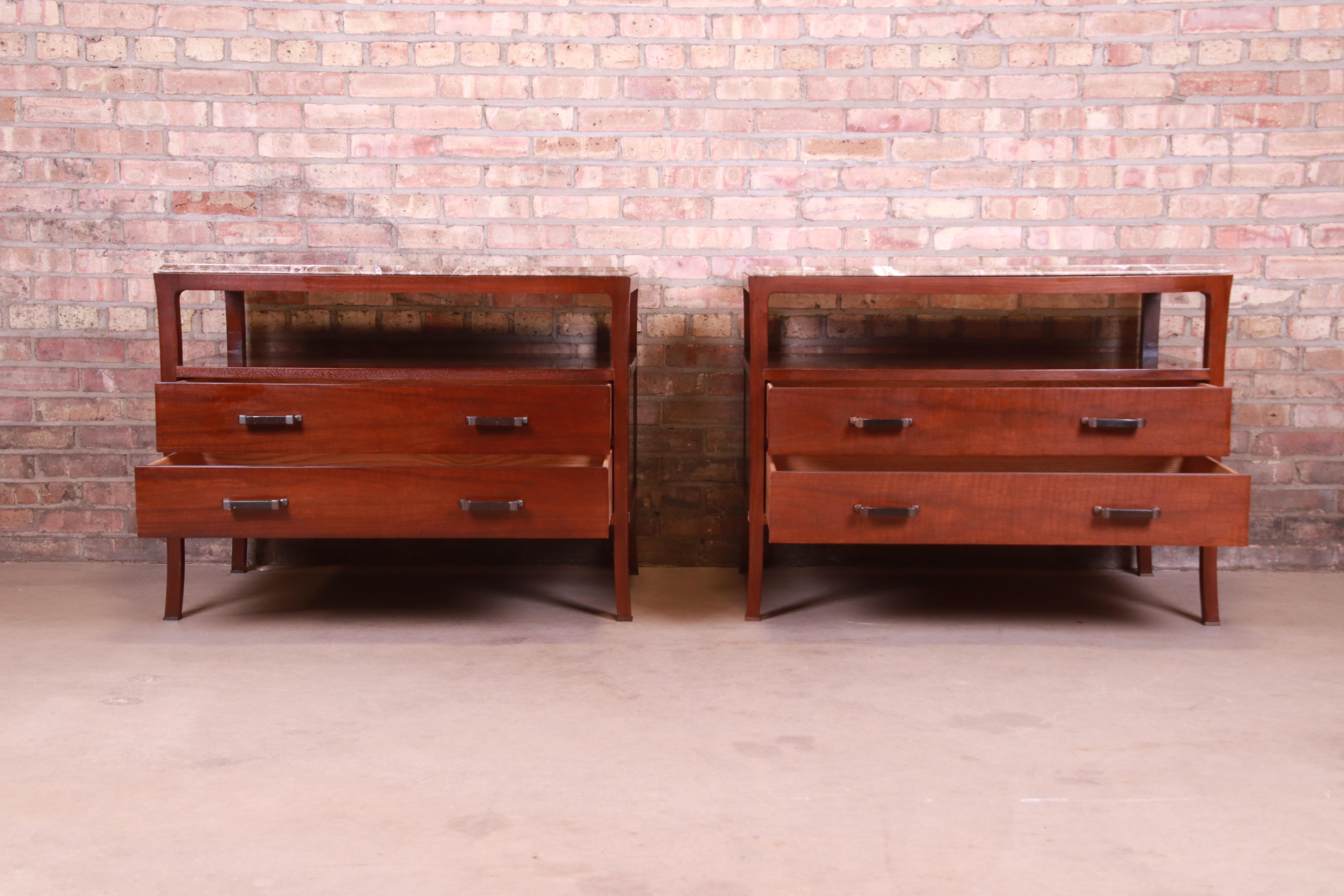 Bill Sofield for Baker Furniture Modern Mahogany Marble Top Bedside Chests, Pair 4