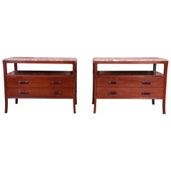 Bill Sofield for Baker Furniture Modern Mahogany Marble Top Bedside Chests, Pair