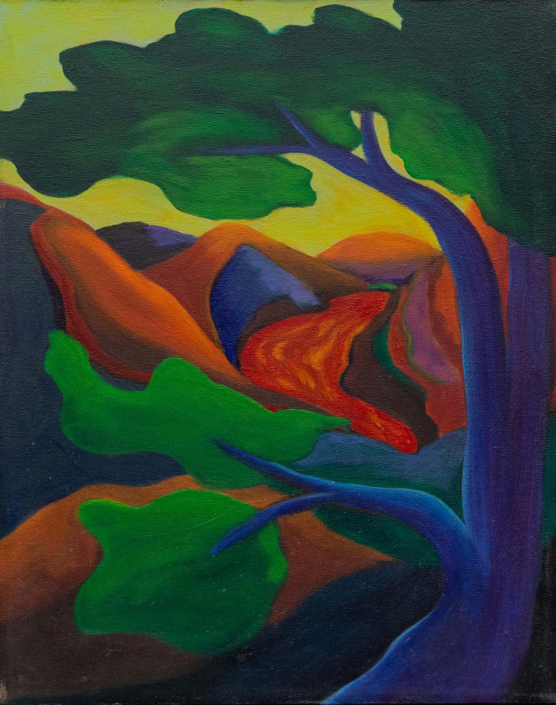 "Pacheco Canyon, Santa Fe" est un paysage original du Sud-Ouest peint par l
artiste du Nouveau-Mexique Bill Sortino, célèbre pour ses palettes vibrantes et ses interprétations expressives du Sud-Ouest. Peinte en 1988 et titrée, datée et signée au