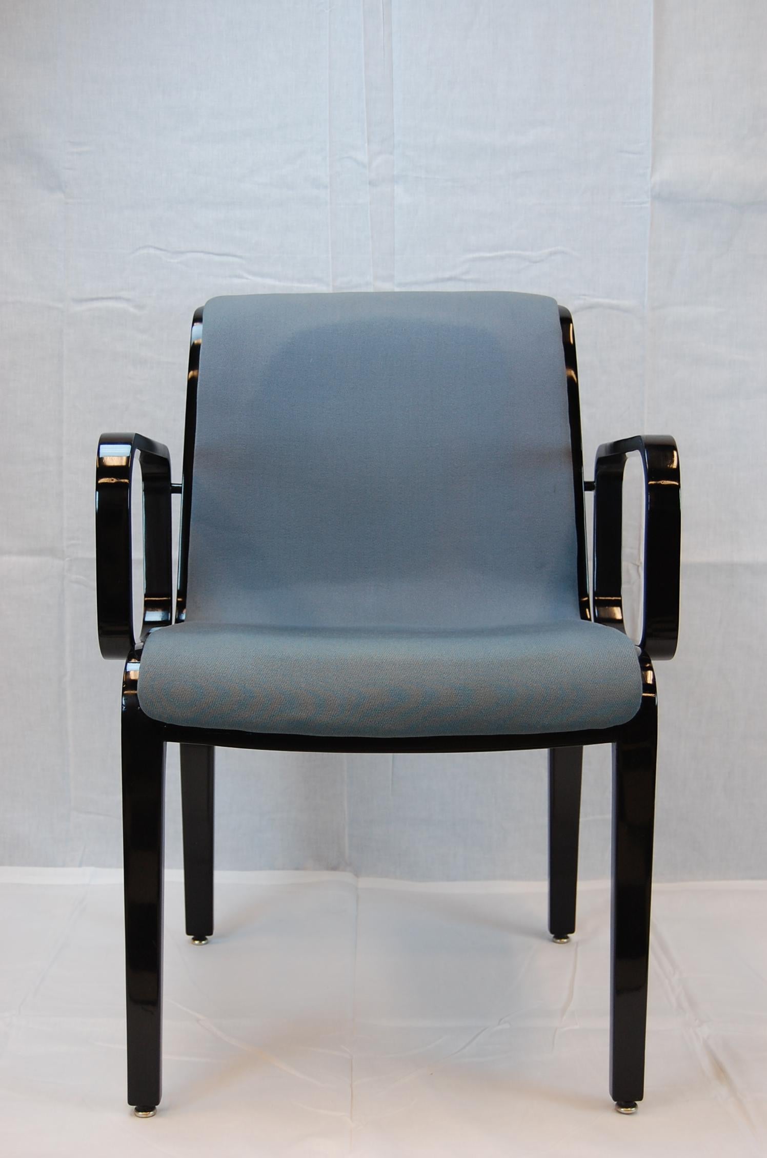 Black lacquered bentwood armchair by Bill Stephens for Knoll in excellent condition, still upholstered in its original blue-grey fabric. Original tag is stamped either 1990 or 1996.