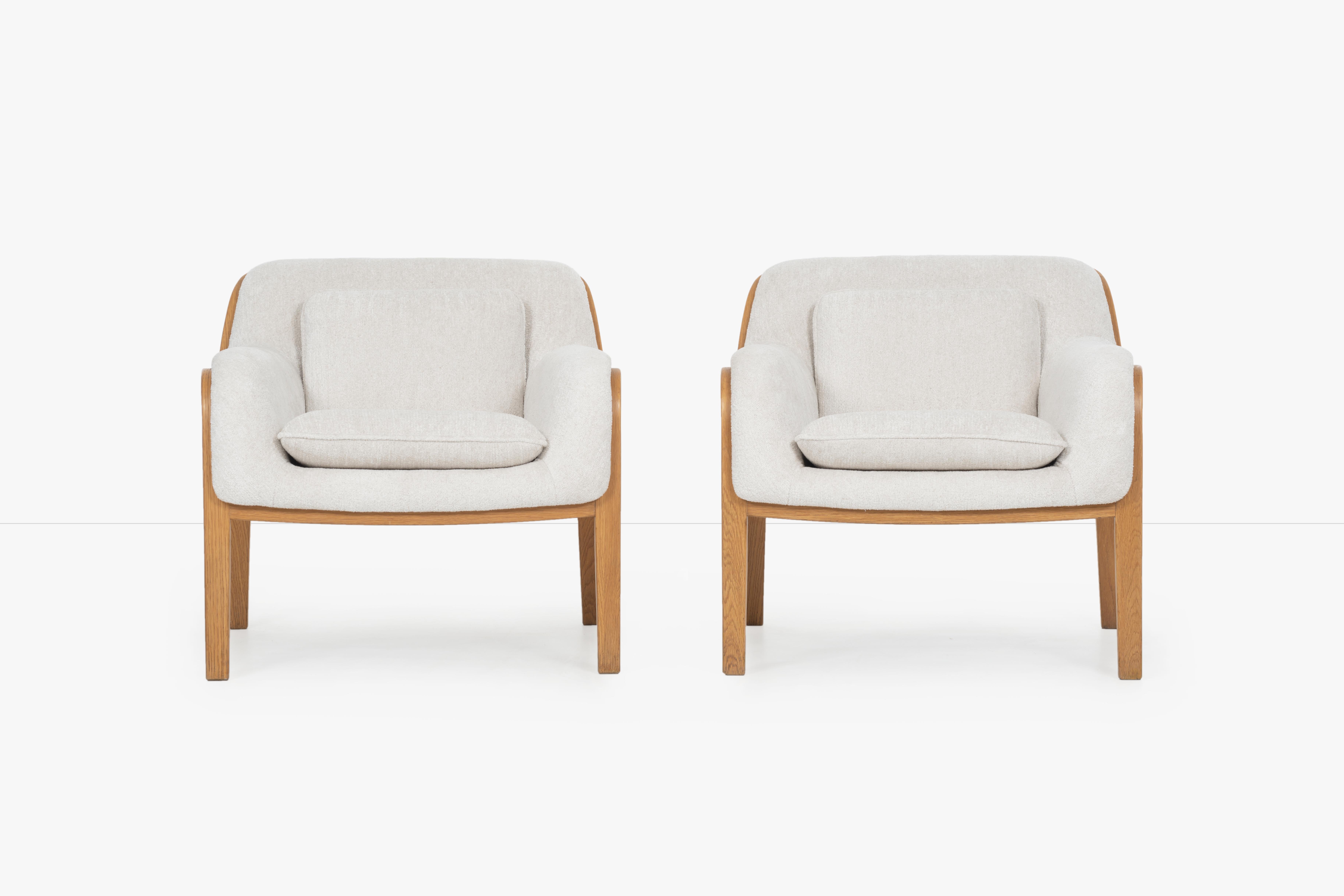 Bill Stephens Knoll vintage 1315 lounge chairs. Inspired by Eero Saarinen womb chair.
Layered bentwood frames re-upholstered with great plains fabric with heavy weave.

        