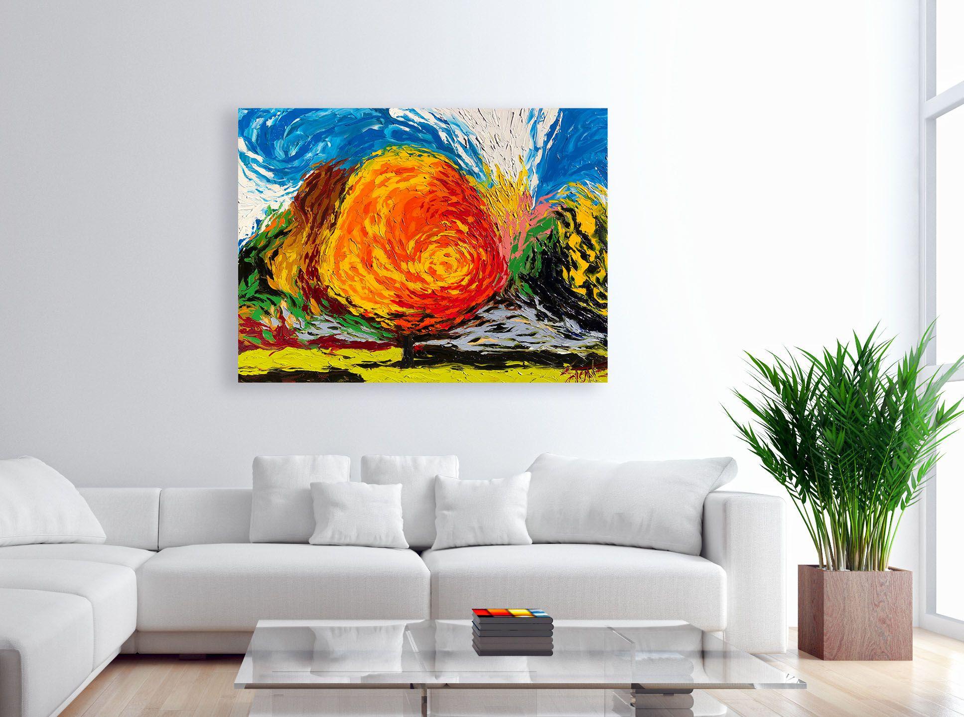 Die leuchtende Farbe des Baumes zieht sich durch die gesamte Landschaft. (Seitlich geheftete Leinwand, sollte gerahmt werden.) :: Gemälde :: Abstrakter Expressionismus :: Dieses Werk wird mit einem offiziellen, vom Künstler unterzeichneten