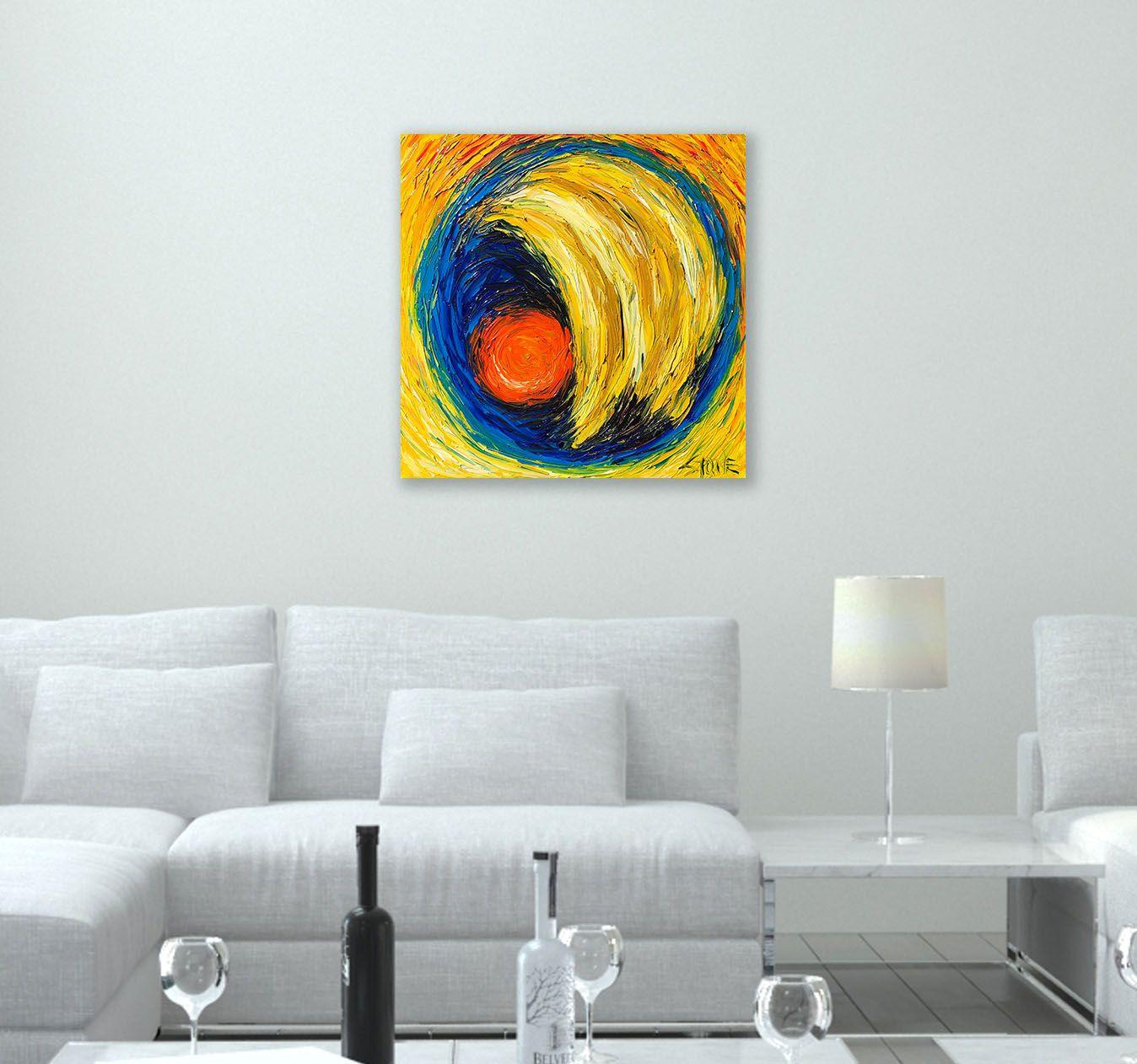 Bananas and an orange relaxing in a blue bowl.  (Side-stapled canvas, should be framed.) :: Painting :: Abstract :: This piece comes with an official certificate of authenticity signed by the artist :: Ready to Hang: Yes :: Signed: Yes :: Signature