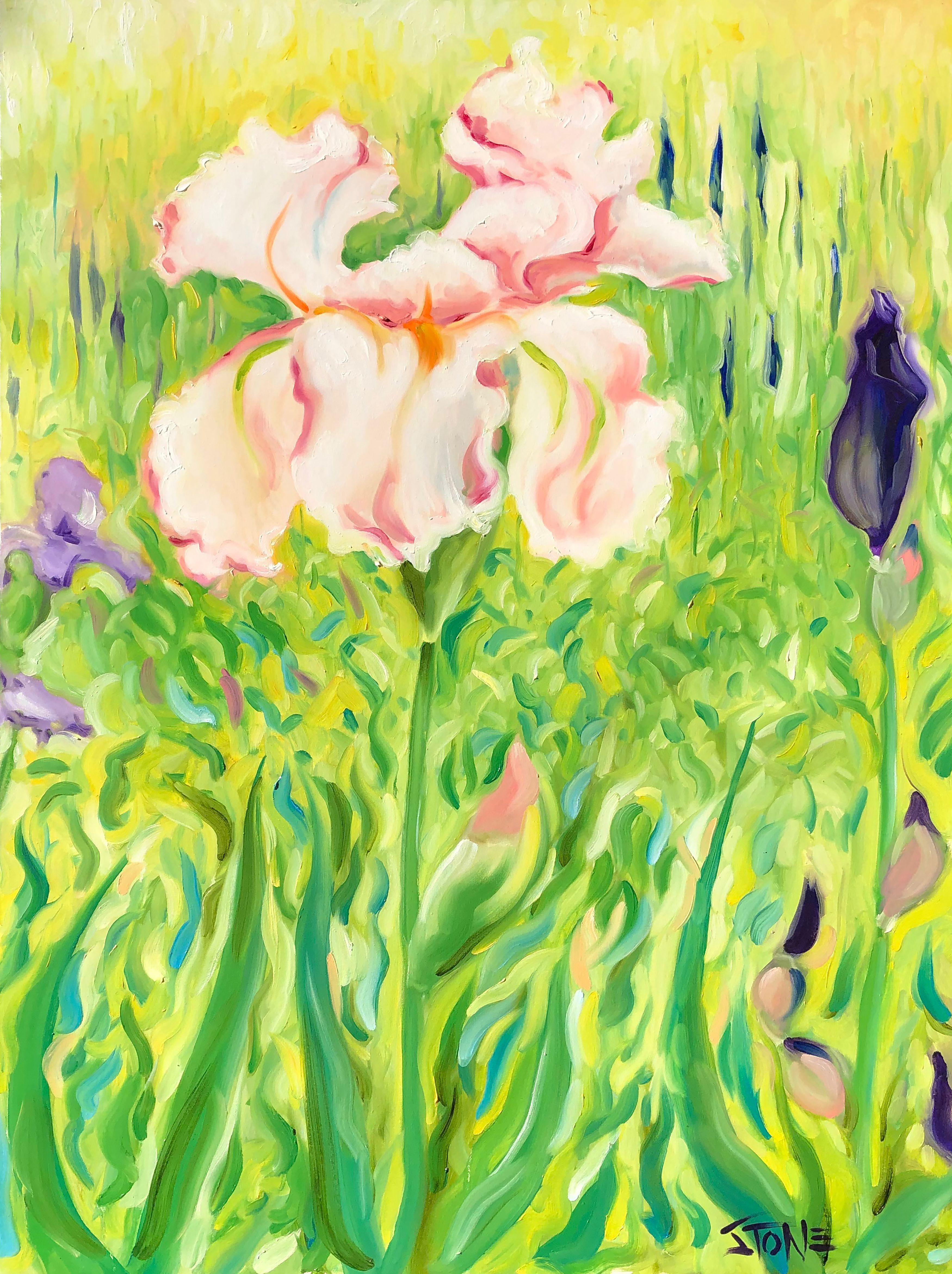 Thereâ€™s one very big pink iris in the flower garden. (Side-stapled canvas, should be framed.) :: Painting :: Impressionist :: This piece comes with an official certificate of authenticity signed by the artist :: Ready to Hang: Yes :: Signed: Yes