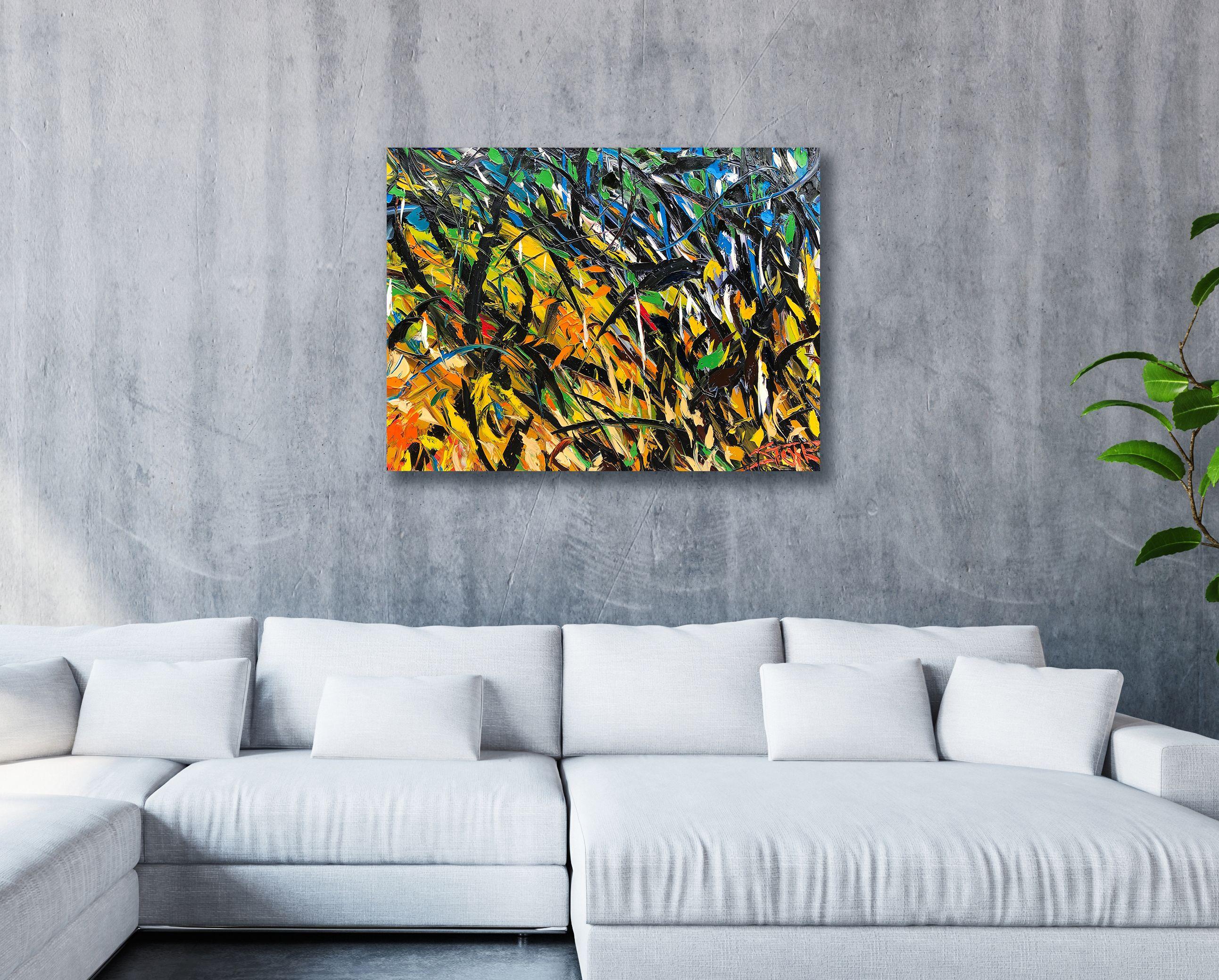 A crazy collision of all the seasons in one day. :: Painting :: Abstract :: This piece comes with an official certificate of authenticity signed by the artist :: Ready to Hang: Yes :: Signed: Yes :: Signature Location: bottom right :: Canvas ::