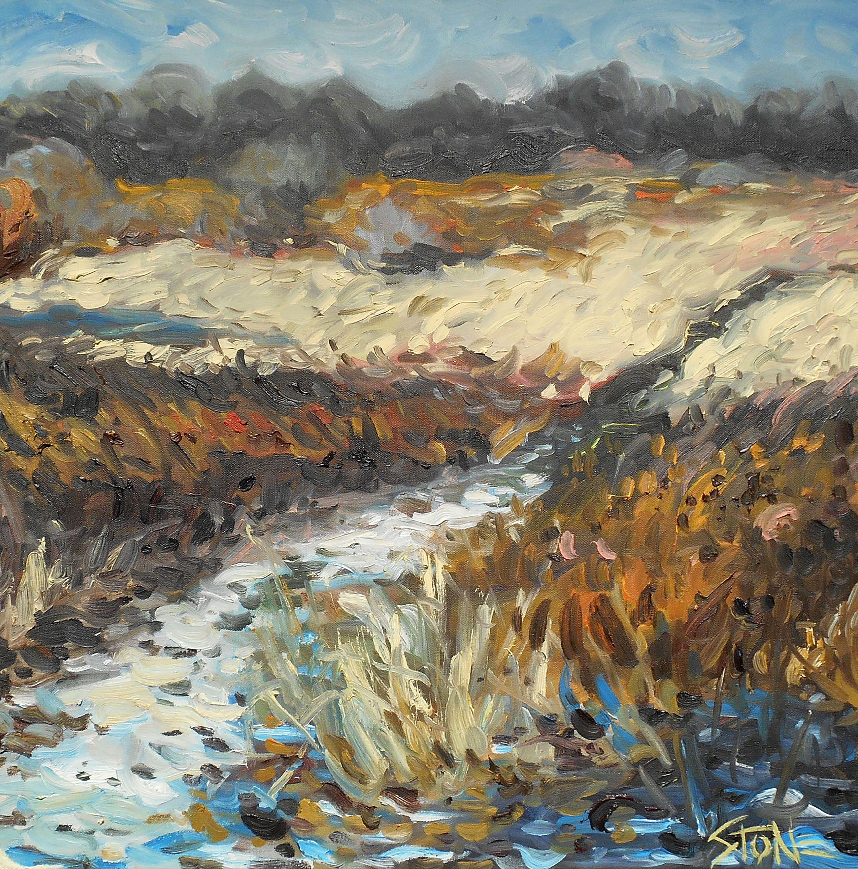 Plein air painting on a bitterly cold morning in the forest preserve. :: Painting :: Impressionist :: This piece comes with an official certificate of authenticity signed by the artist :: Ready to Hang: Yes :: Signed: No ::  :: Canvas :: Diagonal ::