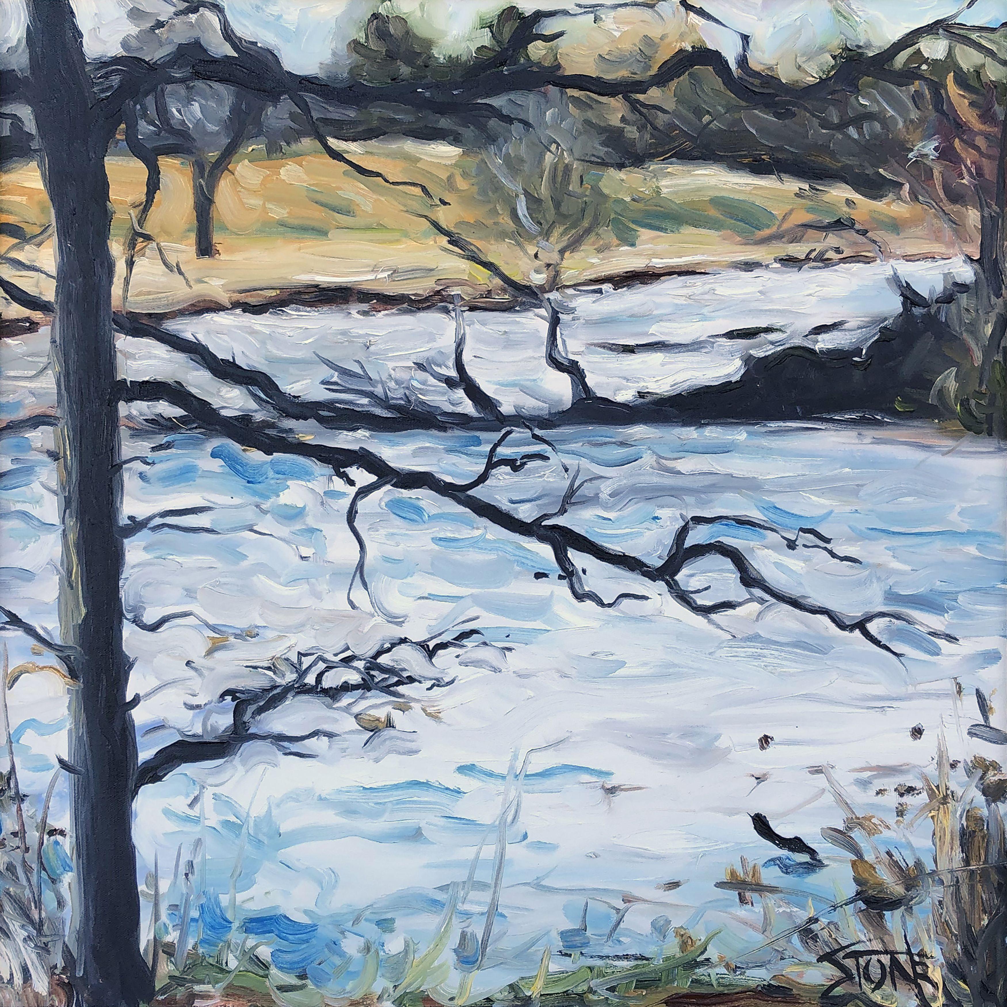 One frozen branch reaches out to a river of ice. :: Painting :: Impressionist :: This piece comes with an official certificate of authenticity signed by the artist :: Ready to Hang: Yes :: Signed: Yes :: Signature Location: bottom right :: Canvas ::