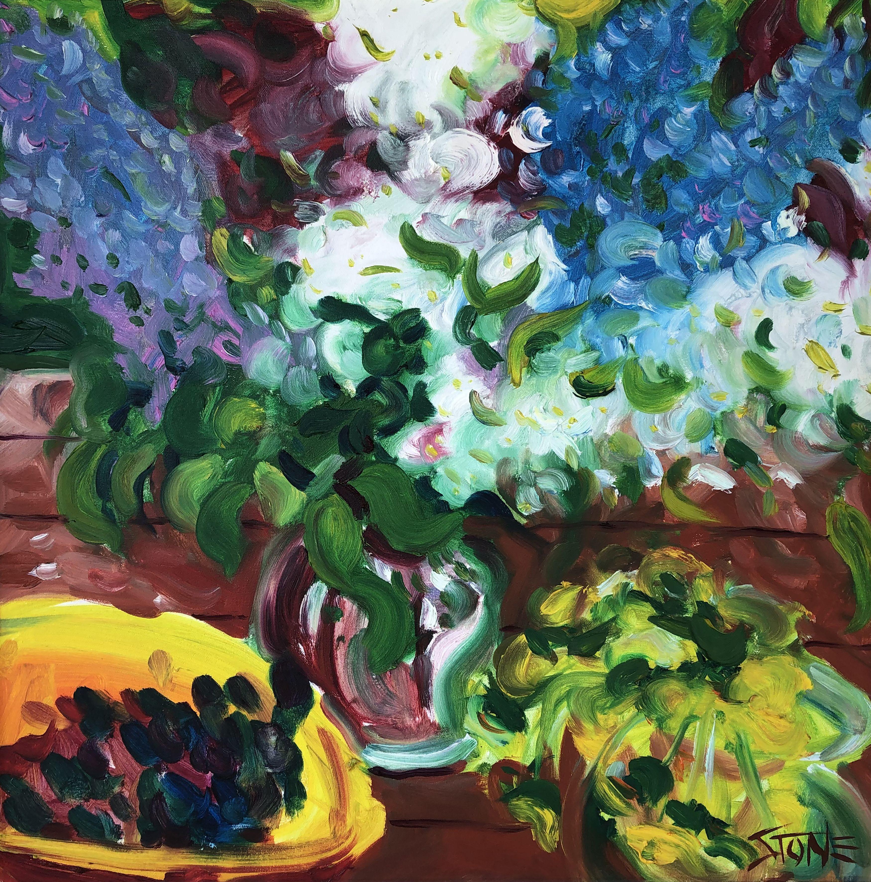 Mixed up flowers and berries sitting on a red table. :: Painting :: Impressionist :: This piece comes with an official certificate of authenticity signed by the artist :: Ready to Hang: Yes :: Signed: Yes :: Signature Location: bottom right ::