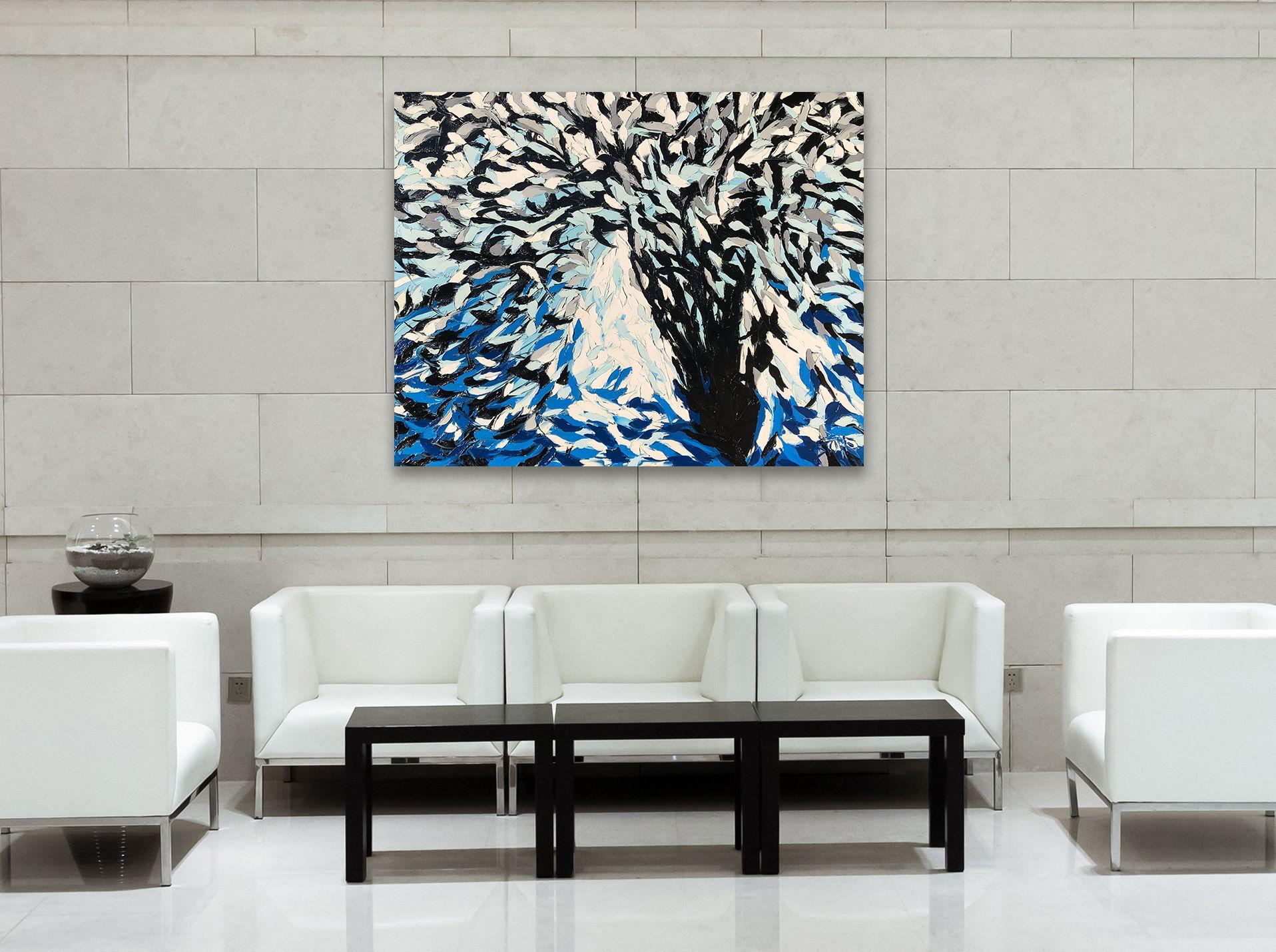 A heavy snow illuminates the birch in the front yard. :: Painting :: Abstract :: This piece comes with an official certificate of authenticity signed by the artist :: Ready to Hang: Yes :: Signed: Yes :: Signature Location: bottom right :: Canvas ::