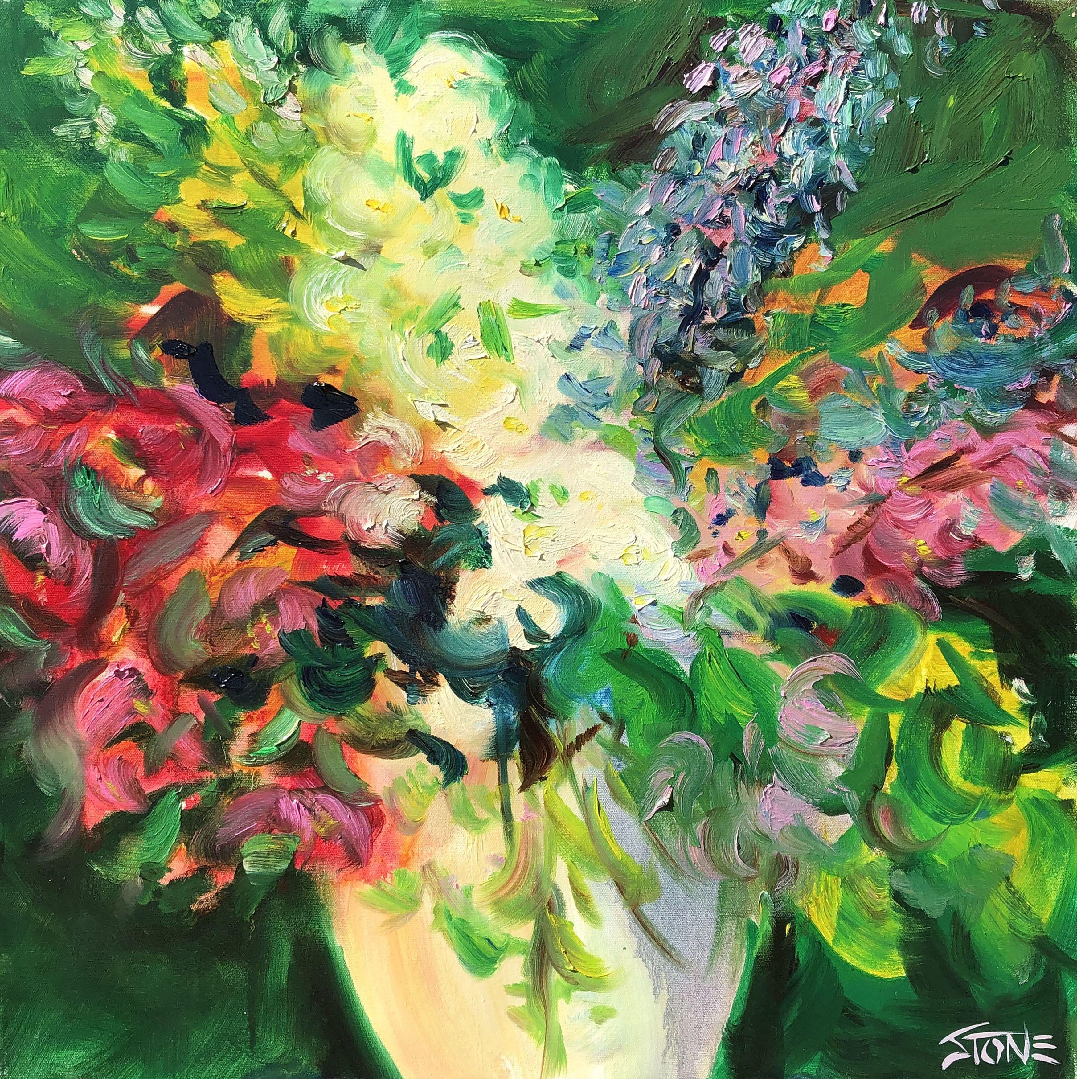 Still life of fresh flowers in a vase.  (Side-stapled canvas, should be framed.) :: Painting :: Impressionist :: This piece comes with an official certificate of authenticity signed by the artist :: Ready to Hang: Yes :: Signed: Yes :: Signature