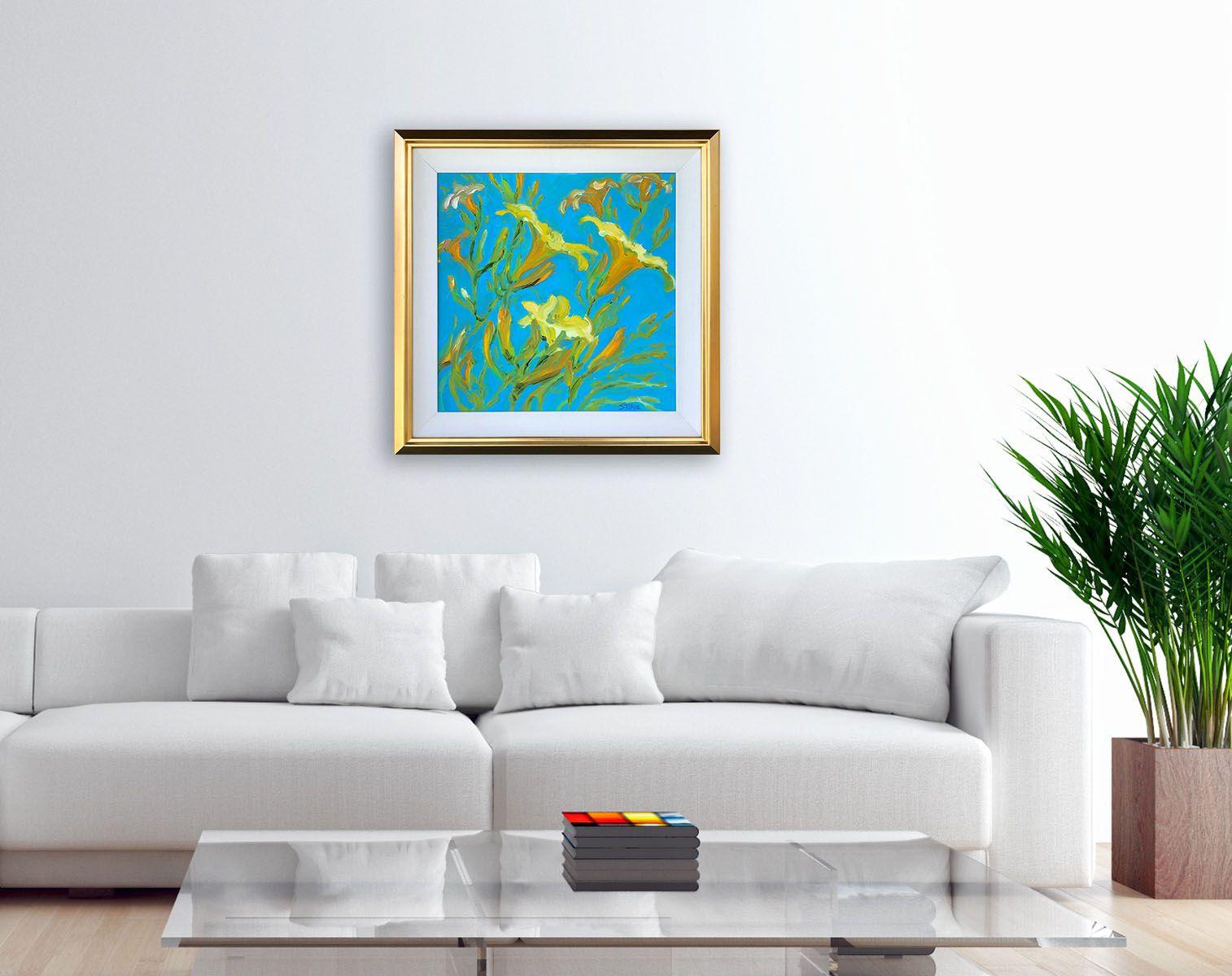 LILIES SOBRE AZUL, Pintura, Óleo sobre lienzo - Painting Impresionista de Bill Stone