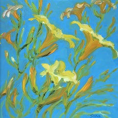 LILIES ON BLUE, Painting, Oil on Canvas