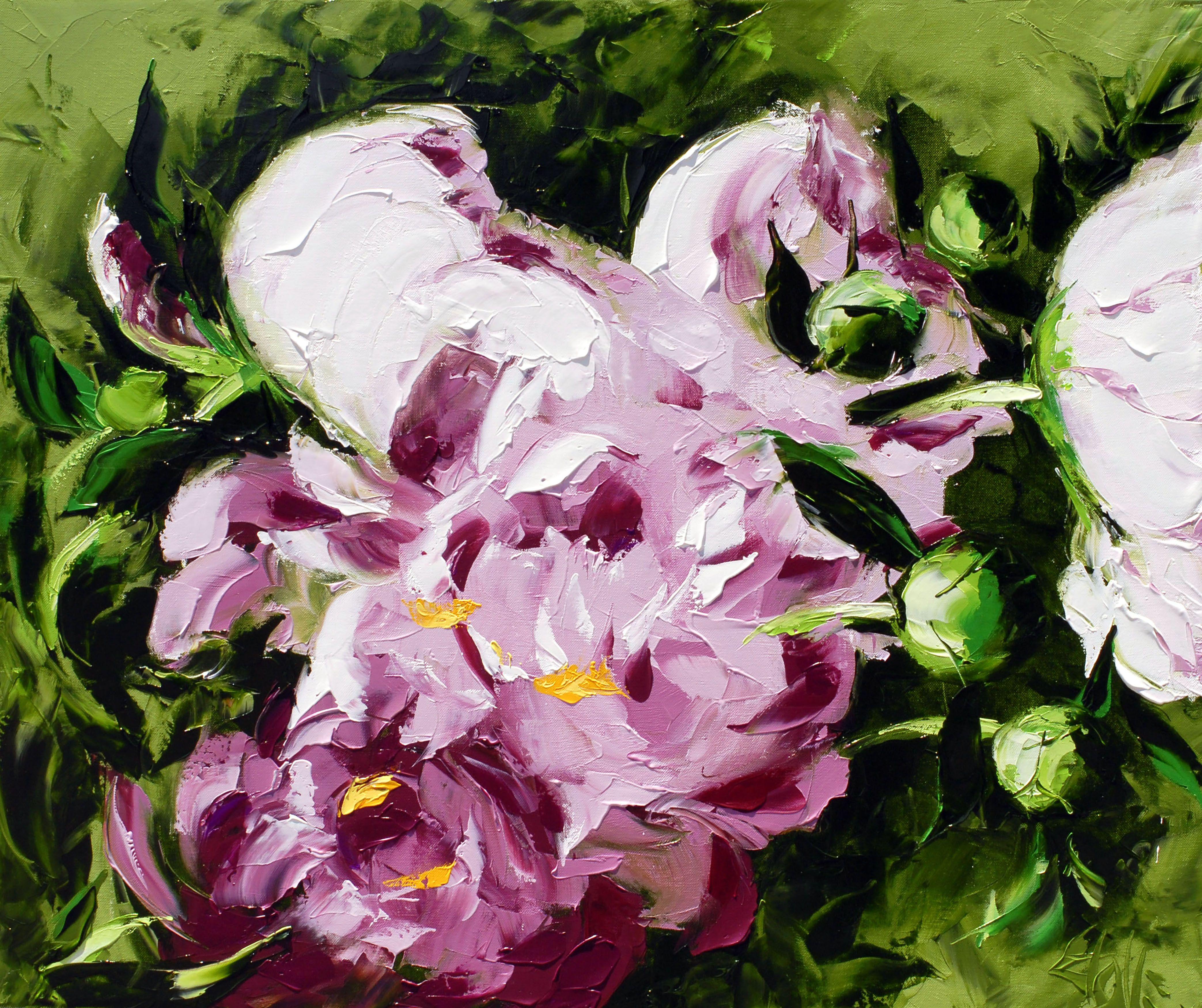 The composition didn't start off-balance but the peonies saw it differently. :: Painting :: Impressionist :: This piece comes with an official certificate of authenticity signed by the artist :: Ready to Hang: Yes :: Signed: Yes :: Signature