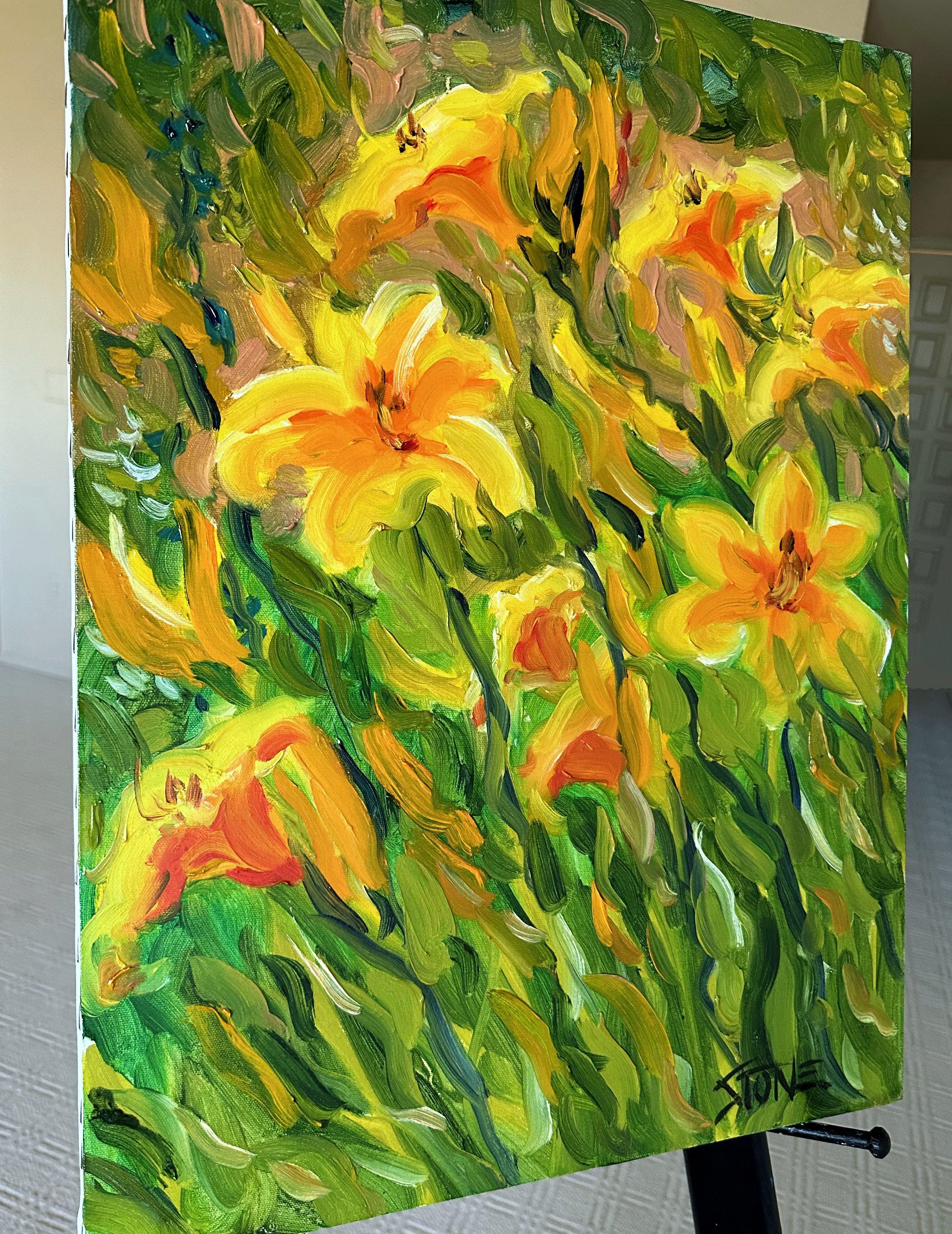 Gigli arancioni di prima mattina che cercano di prendere il sole. (Tela con cornice laterale, da incorniciare) :: Pittura :: Impressionista :: Questo pezzo viene fornito con un certificato ufficiale di autenticità firmato dall'artista :: Pronto da