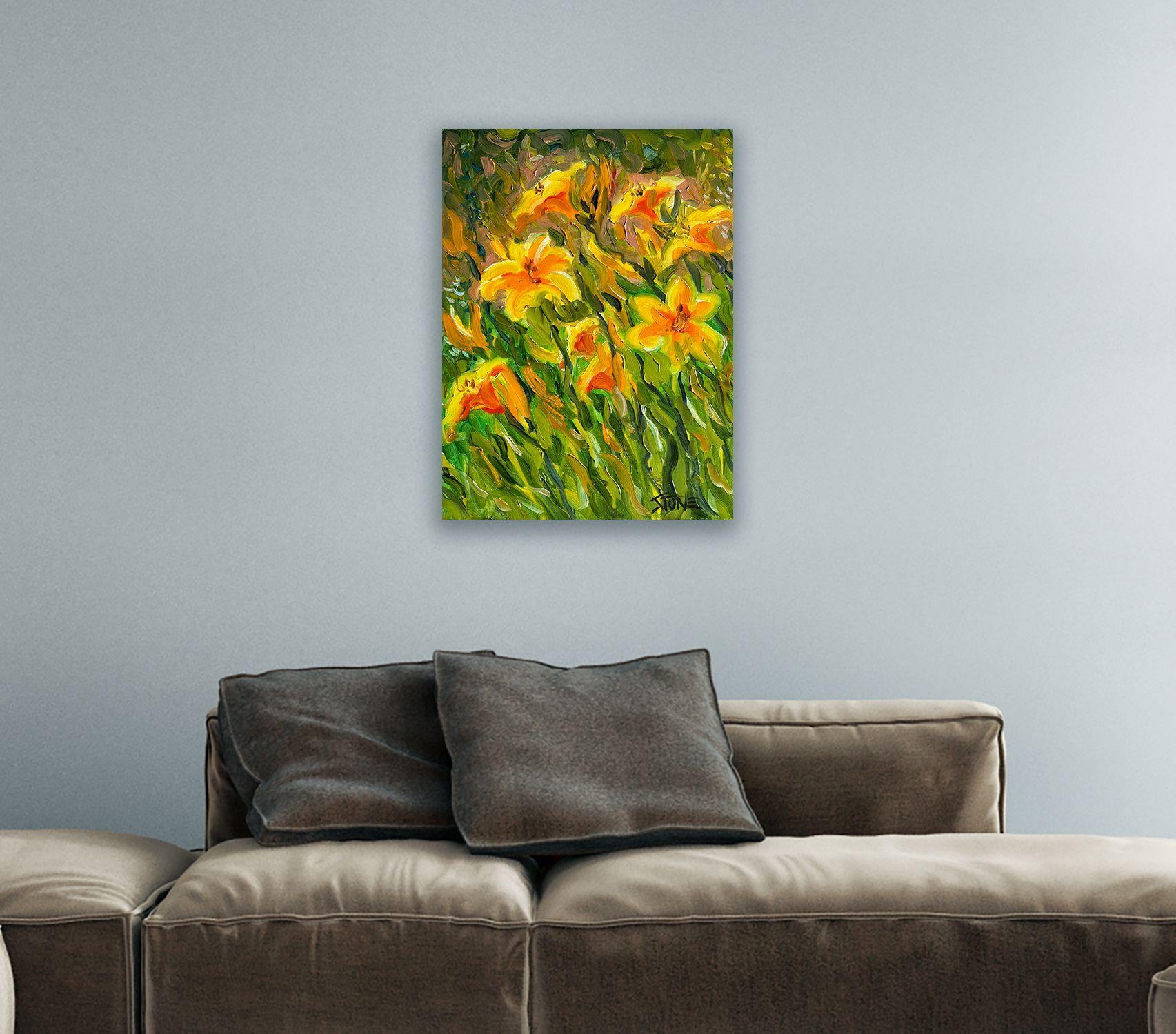 Early morning orange lilies trying to grab some sun. (Side-stapled canvas, should be framed.) :: Painting :: Impressionist :: This piece comes with an official certificate of authenticity signed by the artist :: Ready to Hang: Yes :: Signed: Yes ::