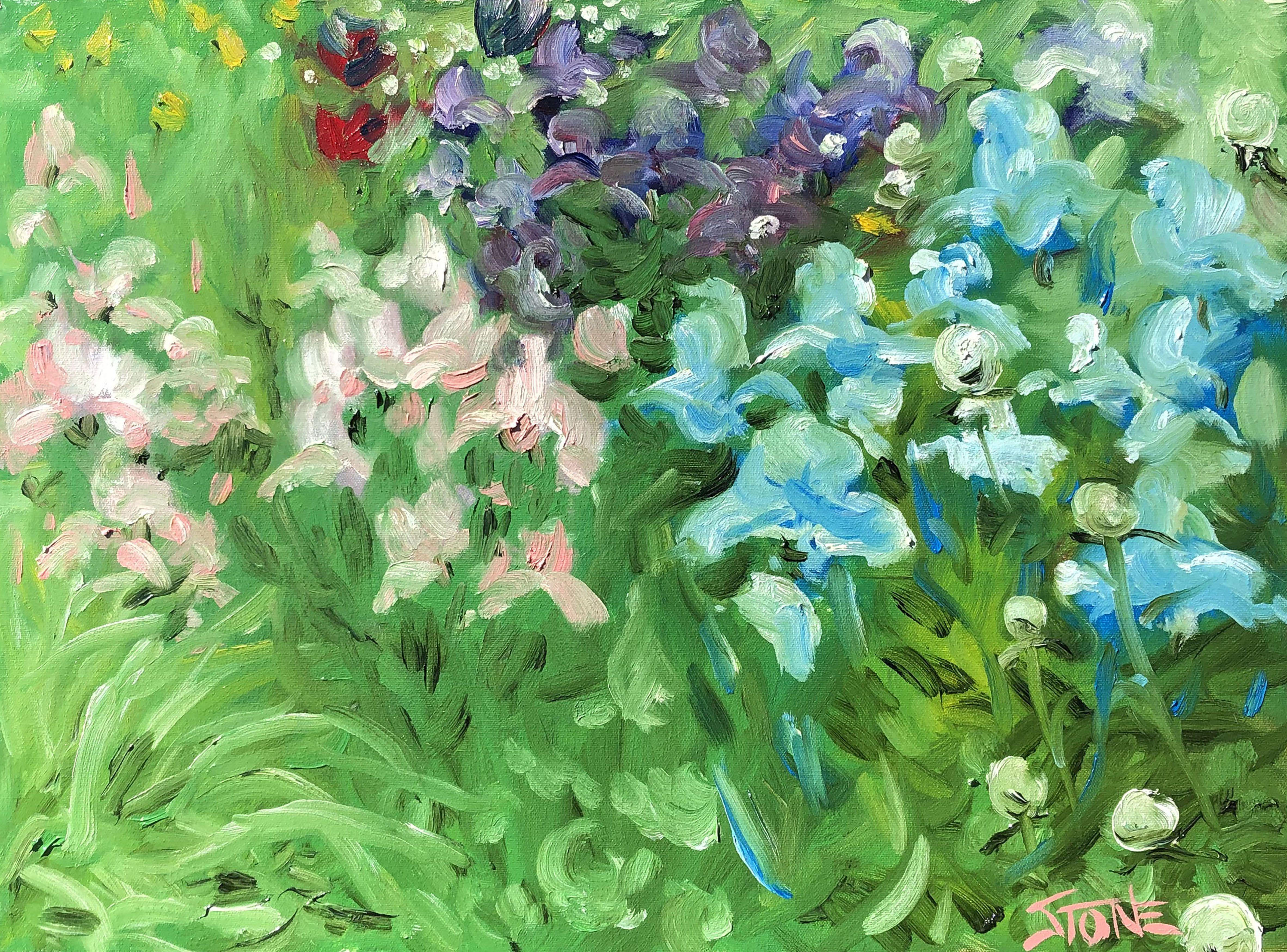 We bought our house from a wonderful woman who had a beautiful flower garden. This was my very first painting of many that I did standing in her garden. (Side-stapled canvas, should be framed.) :: Painting :: Impressionist :: This piece comes with