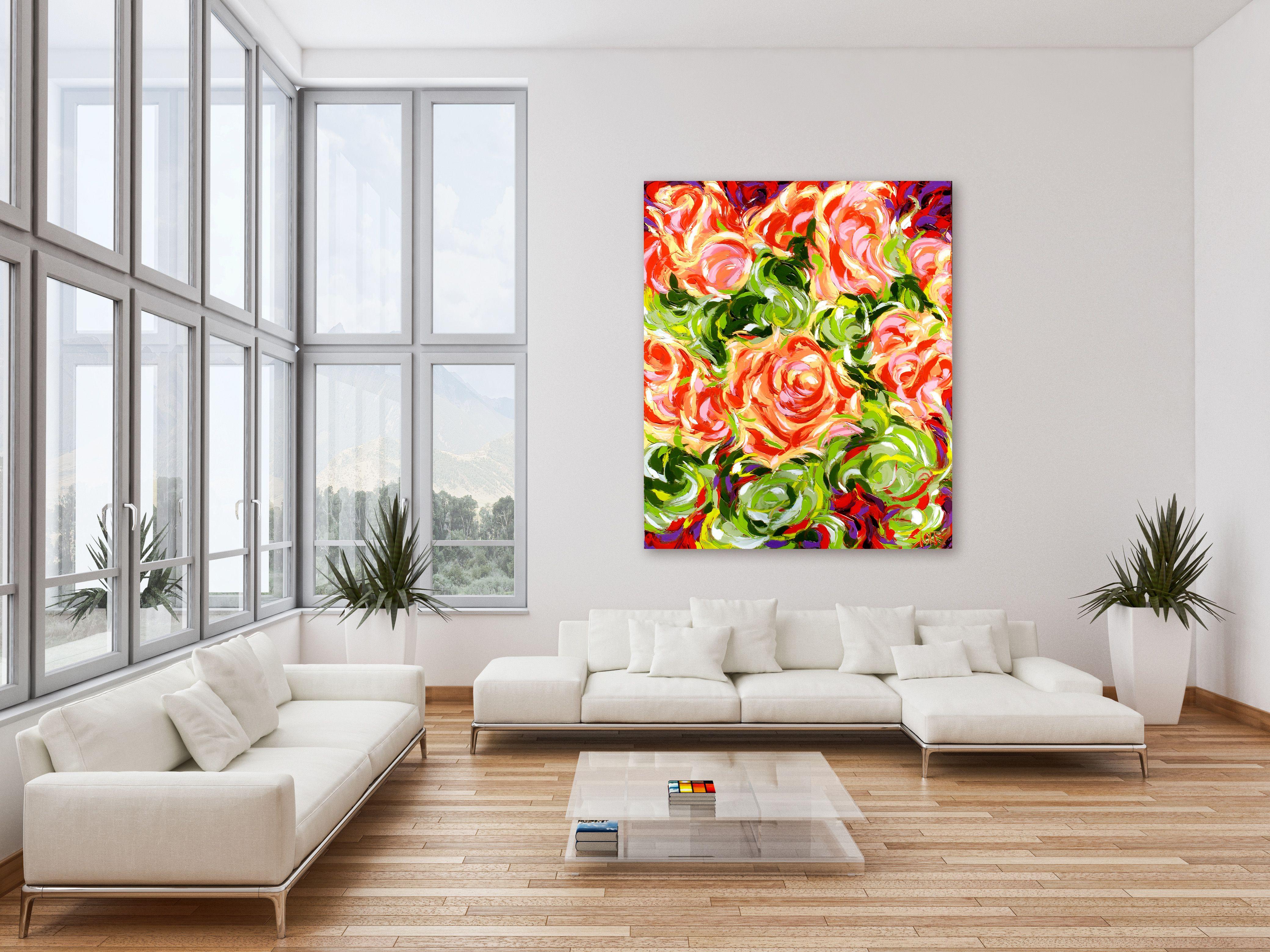 The rose petals swirl and spiral and dance in the breeze. :: Painting :: Abstract Expressionism :: This piece comes with an official certificate of authenticity signed by the artist :: Ready to Hang: Yes :: Signed: Yes :: Signature Location: bottom