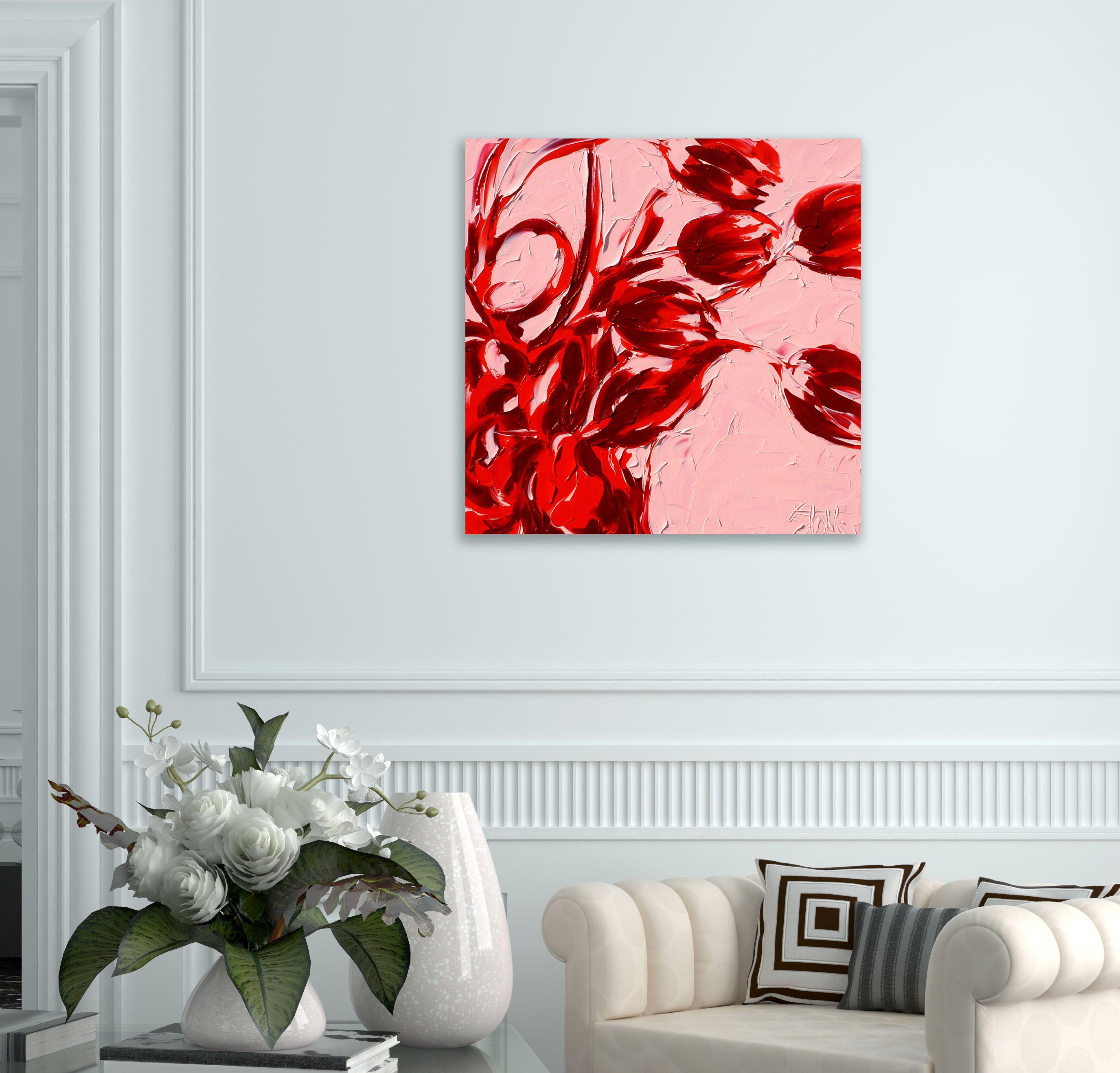 RED TULIPS ON PINK, Painting, Oil on Canvas 1