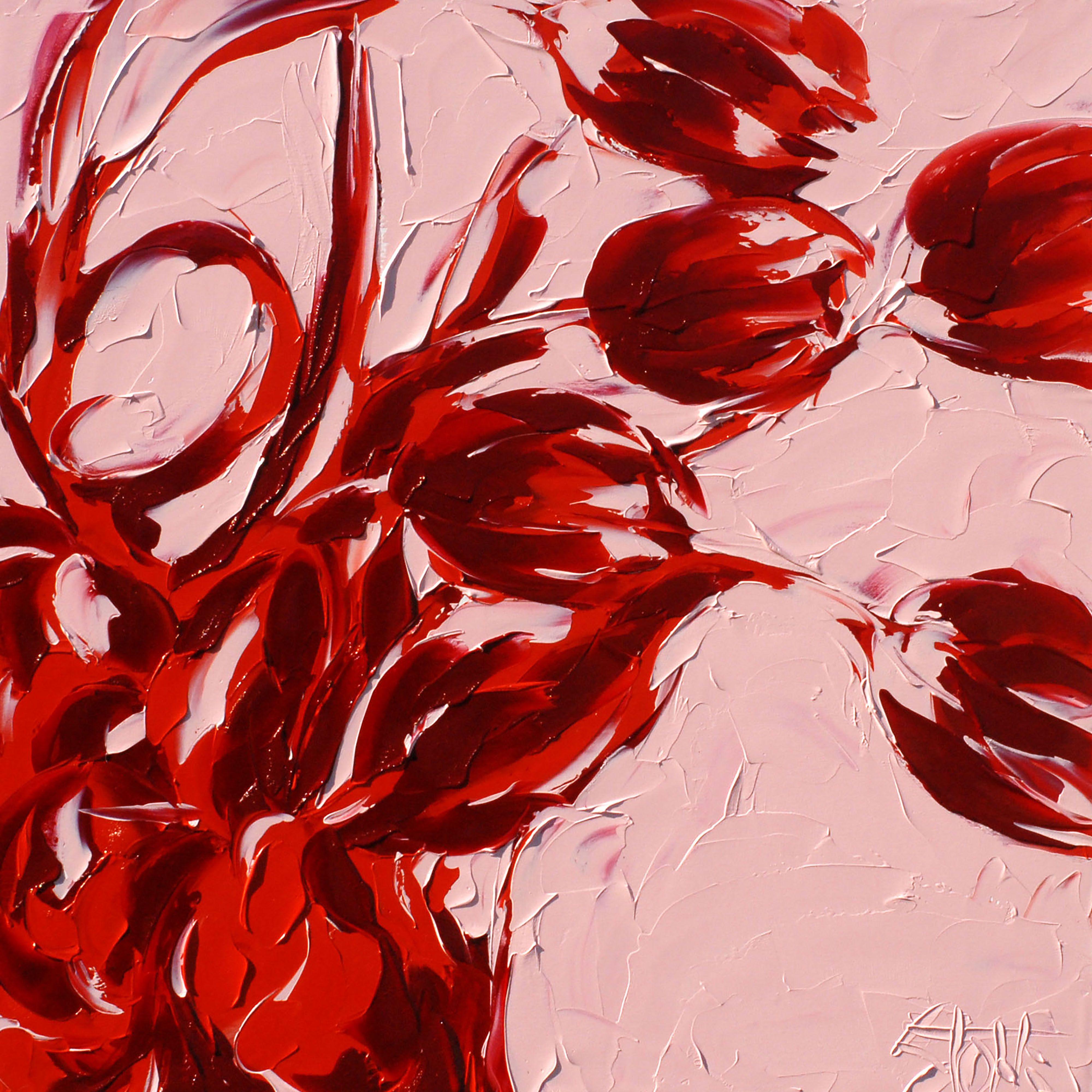 Red tulips relaxing on pink background. :: Painting :: Expressionism :: This piece comes with an official certificate of authenticity signed by the artist :: Ready to Hang: Yes :: Signed: Yes :: Signature Location: bottom right :: Canvas :: Diagonal