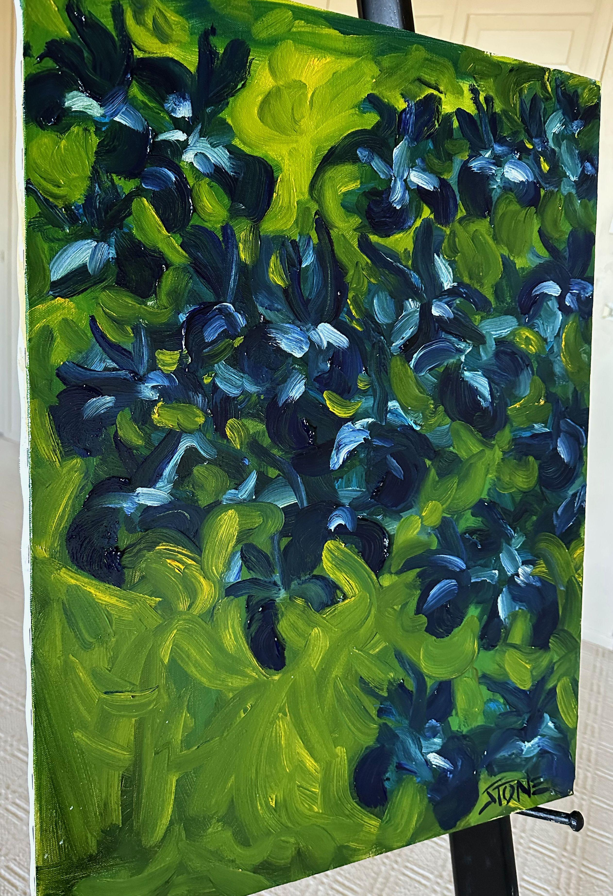 Ron ha sempre amato gli iris viola del giardino.  (Tela con cornice laterale, da incorniciare) :: Pittura :: Impressionista :: Questo pezzo viene fornito con un certificato ufficiale di autenticità firmato dall'artista :: Pronto da appendere: Yes ::