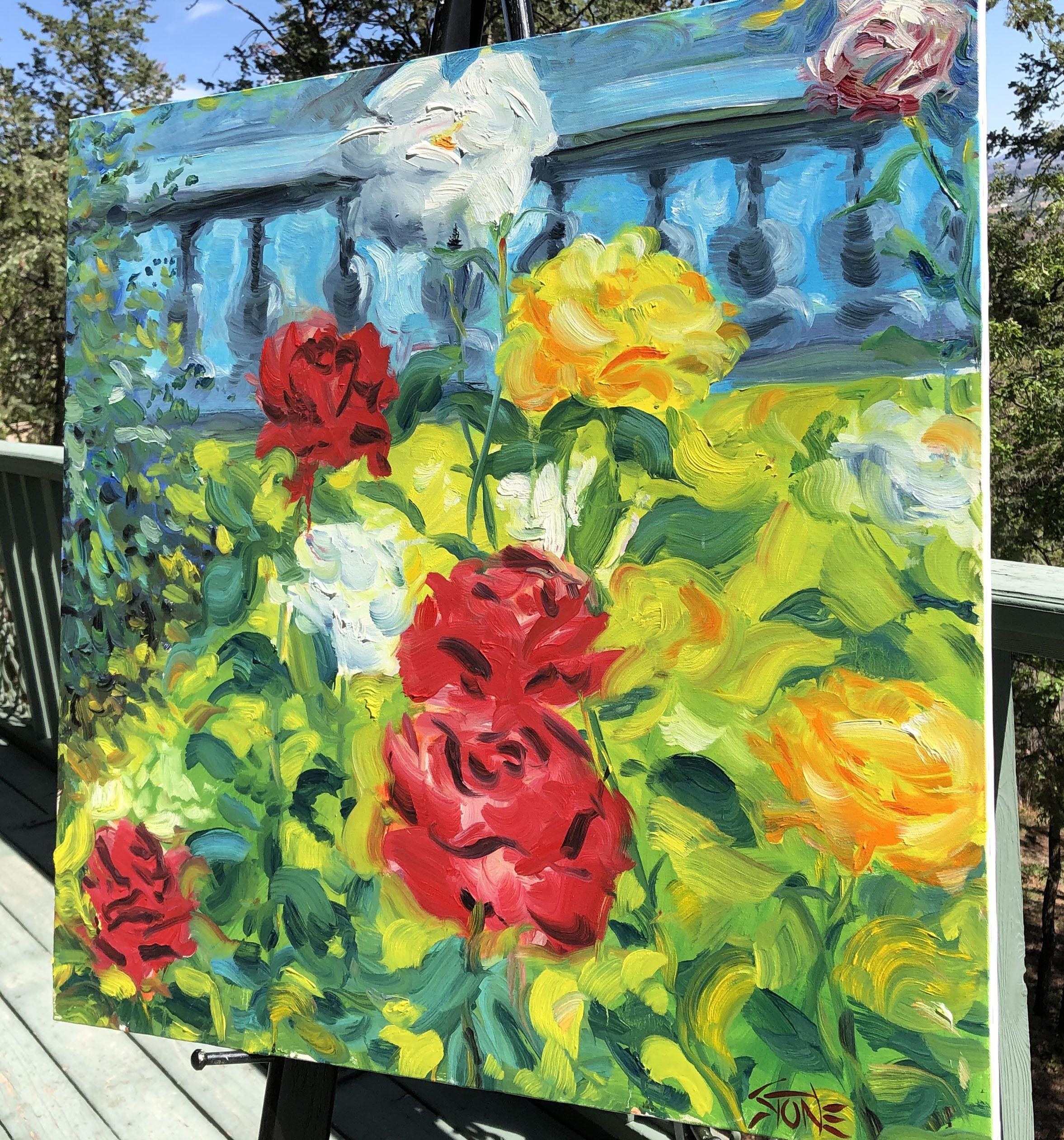 Rose che crescono nel giardino della nostra casa a Praga. (Tela con cornice laterale, da incorniciare) :: Pittura :: Impressionista :: Questo pezzo viene fornito con un certificato ufficiale di autenticità firmato dall'artista :: Pronto da
