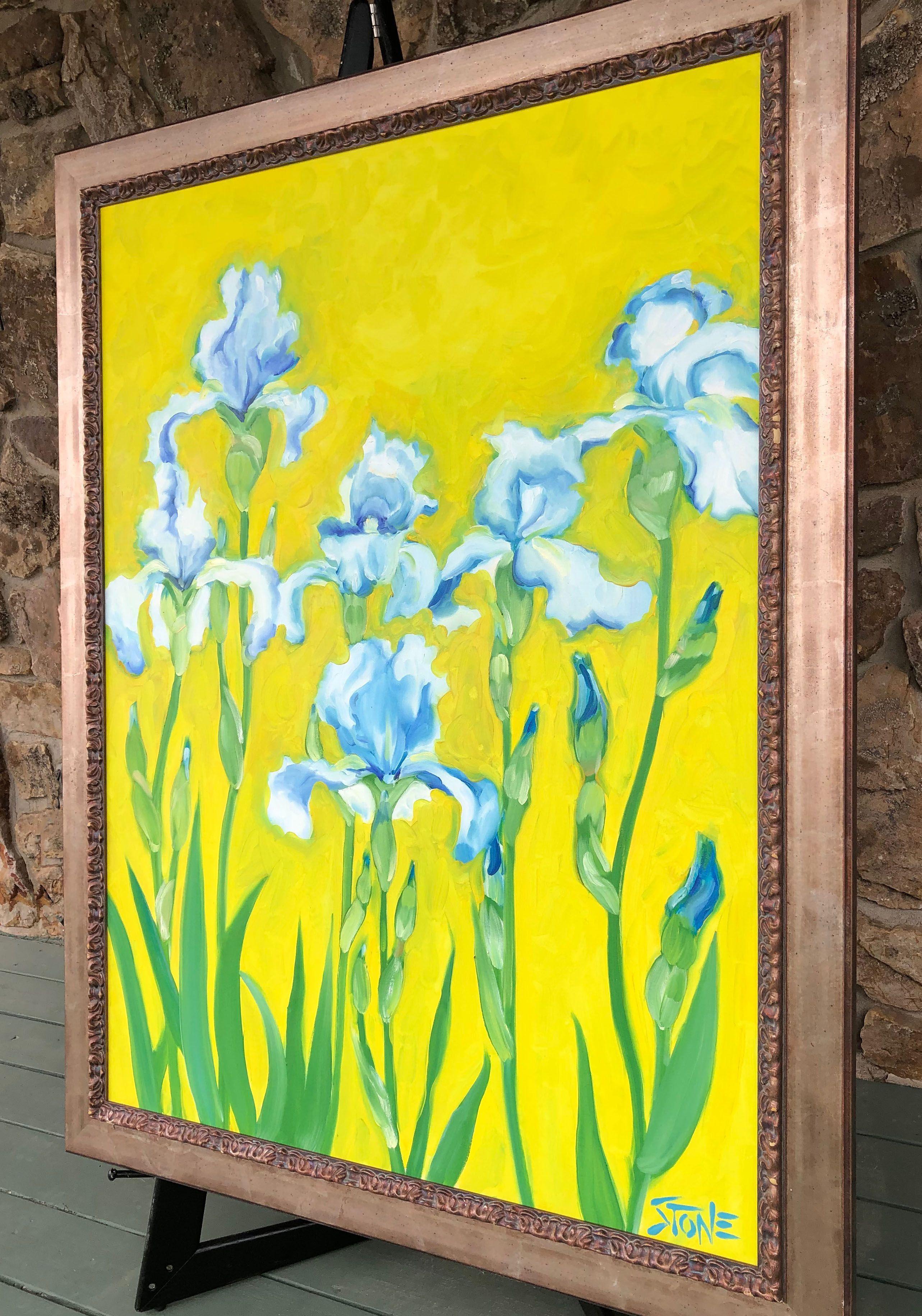 SIX BLUE IRIS, Painting, Oil on Canvas For Sale 4