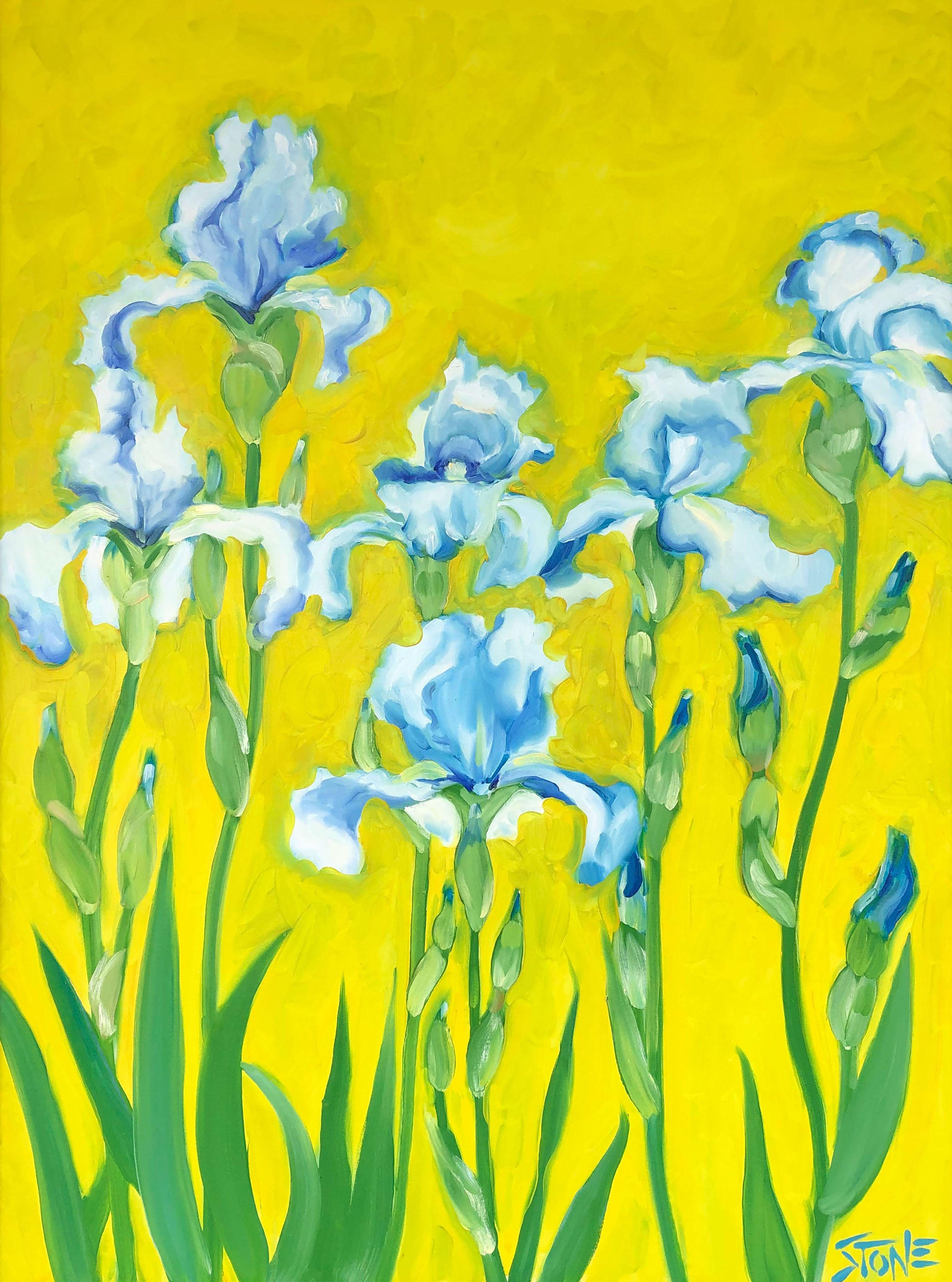 The garden belongs to six blue irises in full bloom.     :: Painting :: Impressionist :: This piece comes with an official certificate of authenticity signed by the artist :: Ready to Hang: Yes :: Signed: Yes :: Signature Location: bottom right ::