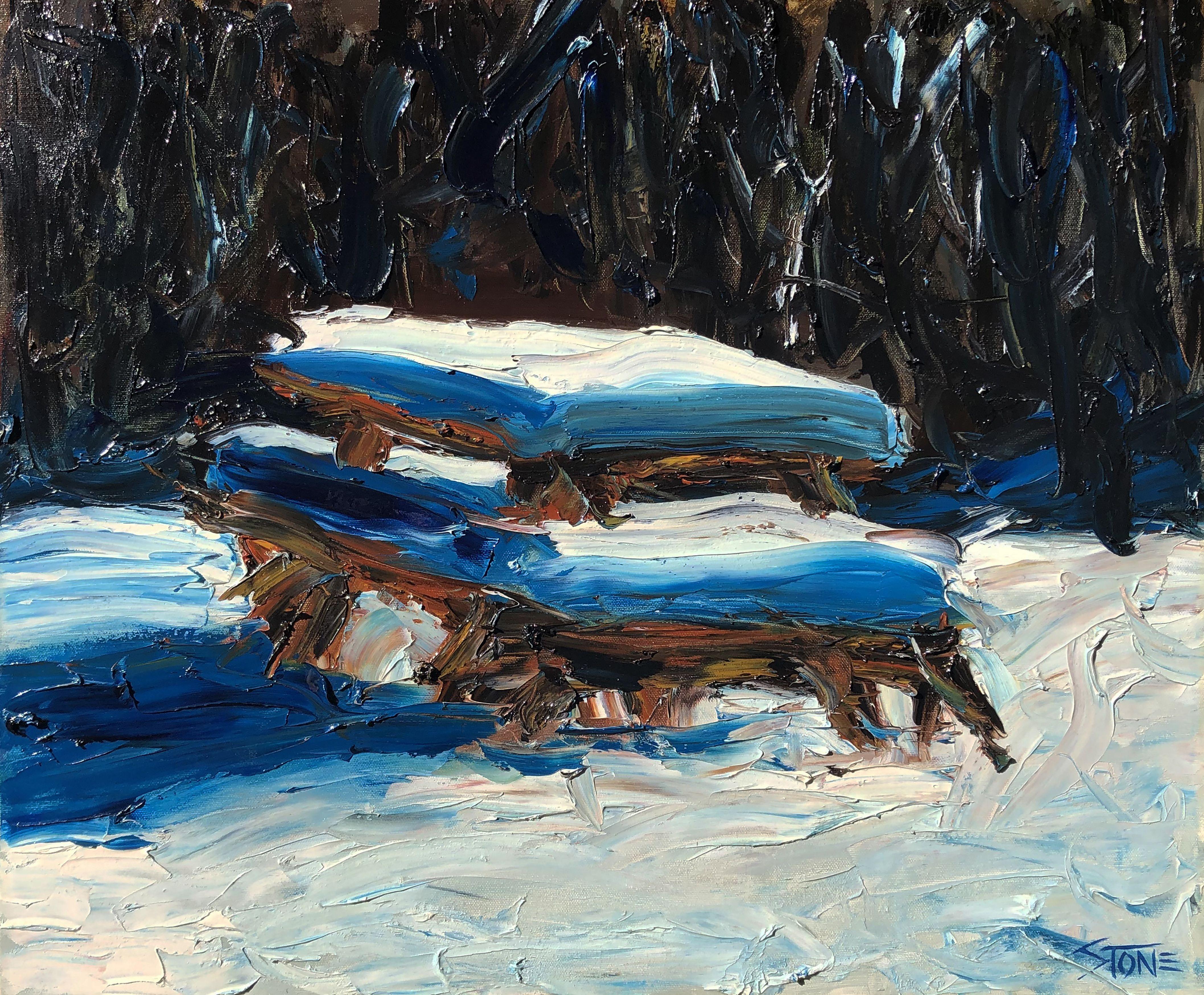 The picnic table remains in hibernation for a while longer. (Side-stapled canvas, should be framed.) :: Painting :: Impressionist :: This piece comes with an official certificate of authenticity signed by the artist :: Ready to Hang: Yes :: Signed: