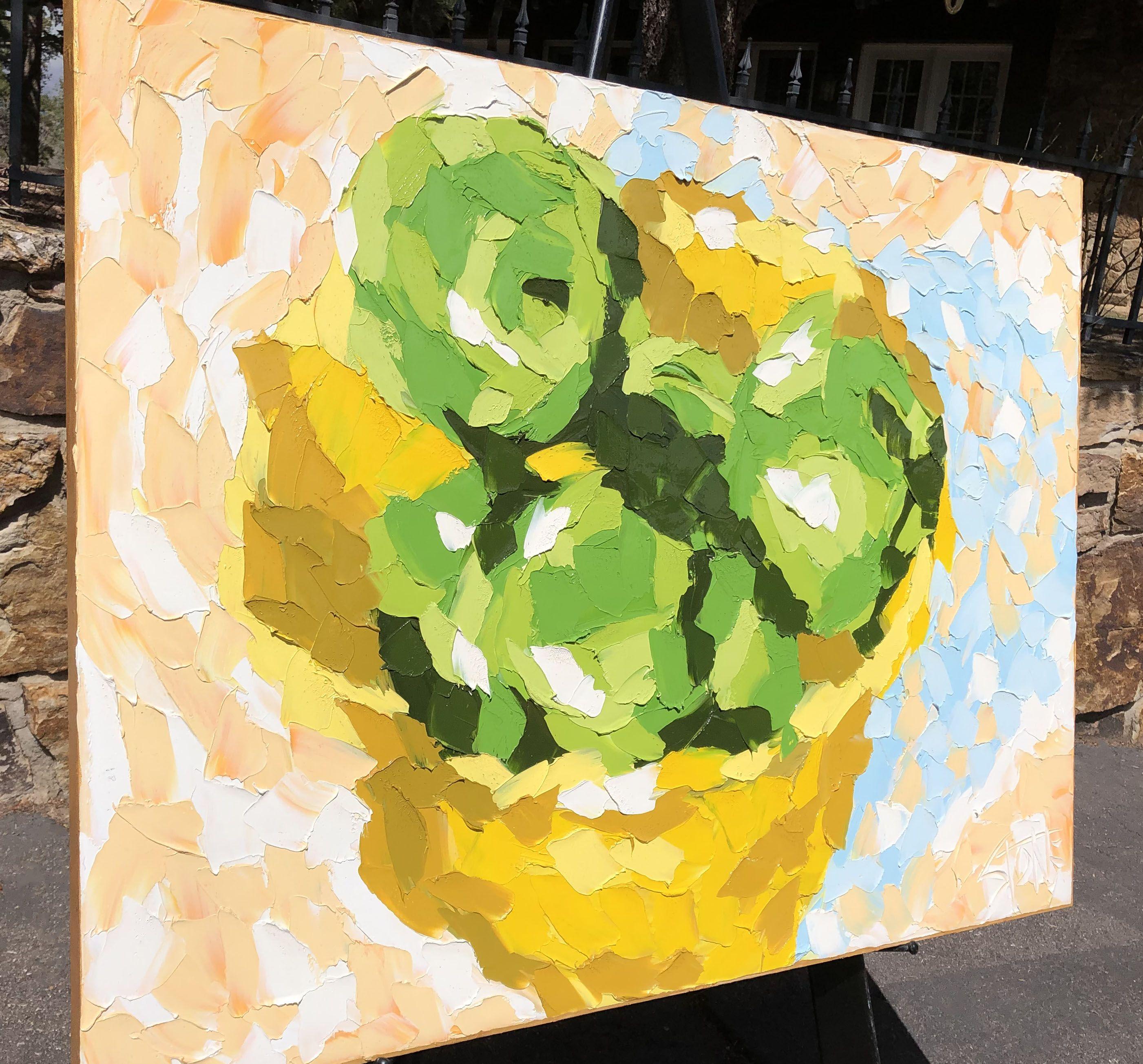 Mele verdi appena colte in una ciotola giallo brillante :: Pittura :: Espressionismo astratto :: Questo pezzo viene fornito con un certificato ufficiale di autenticità firmato dall'artista :: Pronto da appendere: Yes :: Firmato: Yes :: Posizione