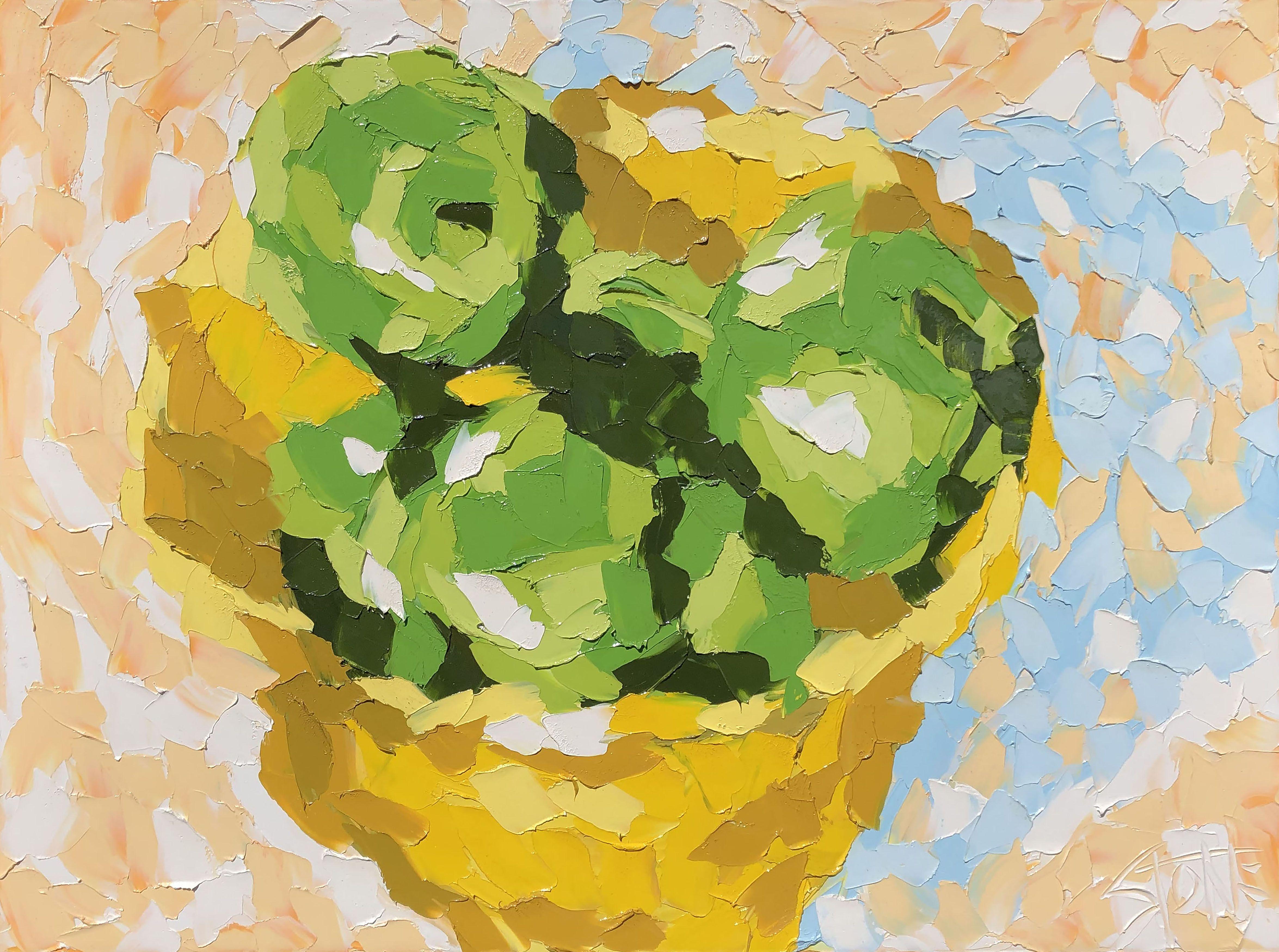 Freshly picked green apples in a bright yellow bowl. :: Painting :: Abstract Expressionism :: This piece comes with an official certificate of authenticity signed by the artist :: Ready to Hang: Yes :: Signed: Yes :: Signature Location: bottom right