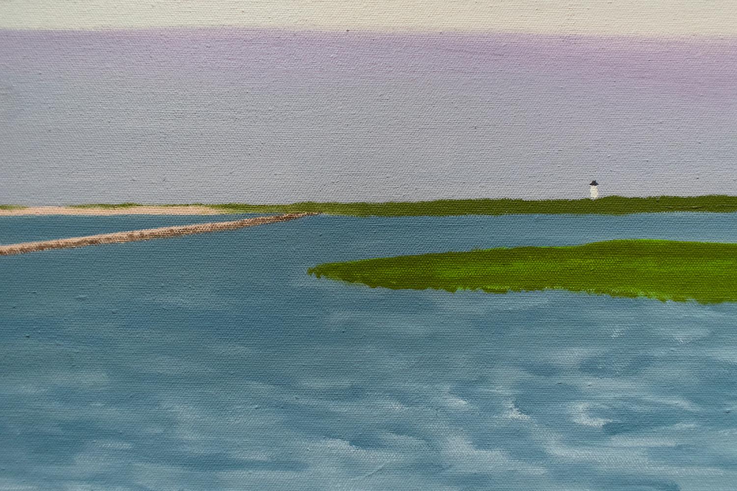 Male in Cape Cod Landscape (Contemporary Oil Painting of Figure on a Dock) by Bill Sullivan
36 x 84 inches
oil on canvas, thin blonde wood stripping

Original oil painting c. 1987 of a panoramic, horizontal view with a male figure sitting on a dock,