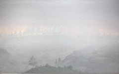 Medellin Dawn, Colombia (Modern Landscape Oil Painting, White Mist in Colombia)