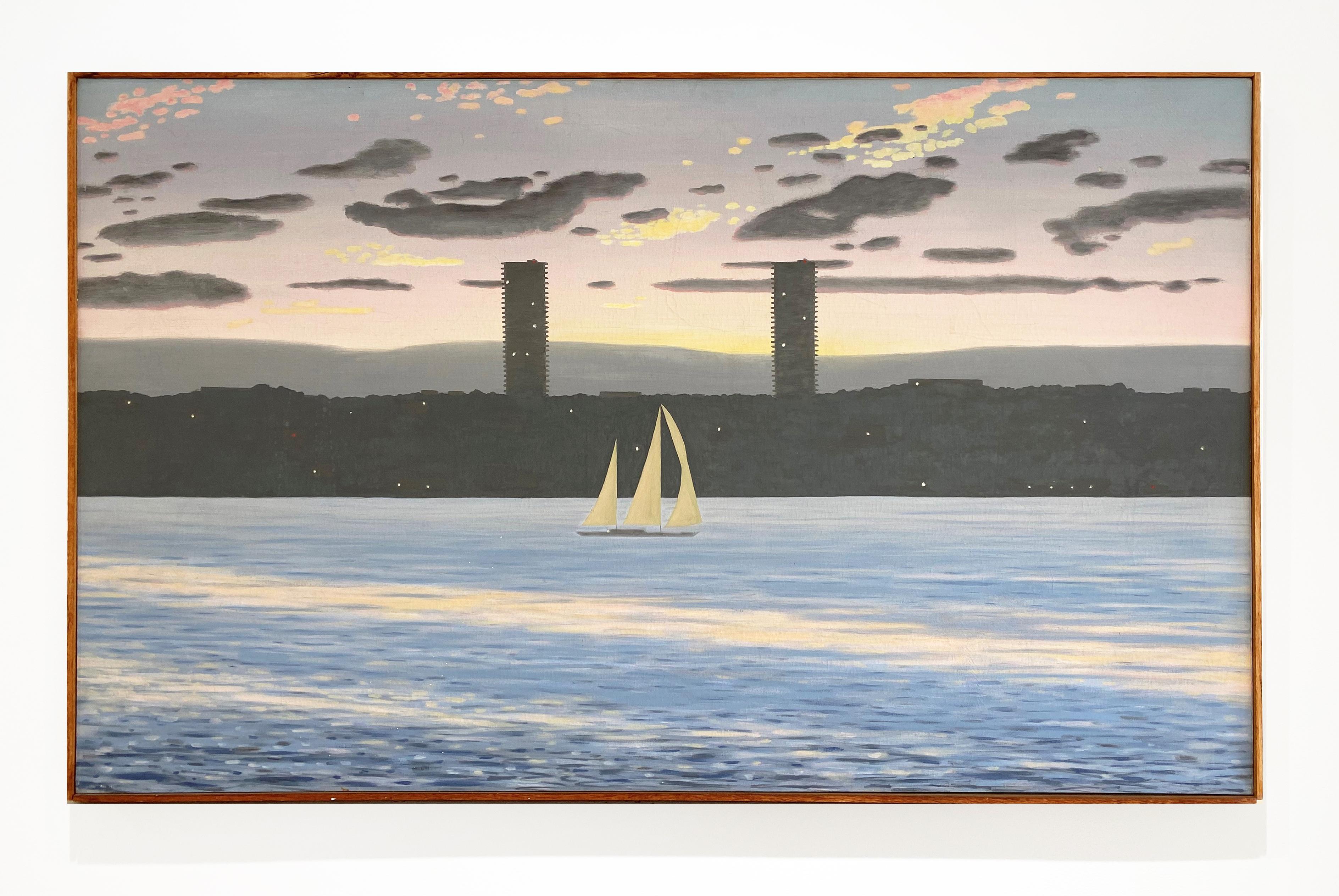 Skyline del New Jersey con barca a vela (Scena del fiume Hudson al tramonto di Bull Sullivan) - Painting di Bill Sullivan