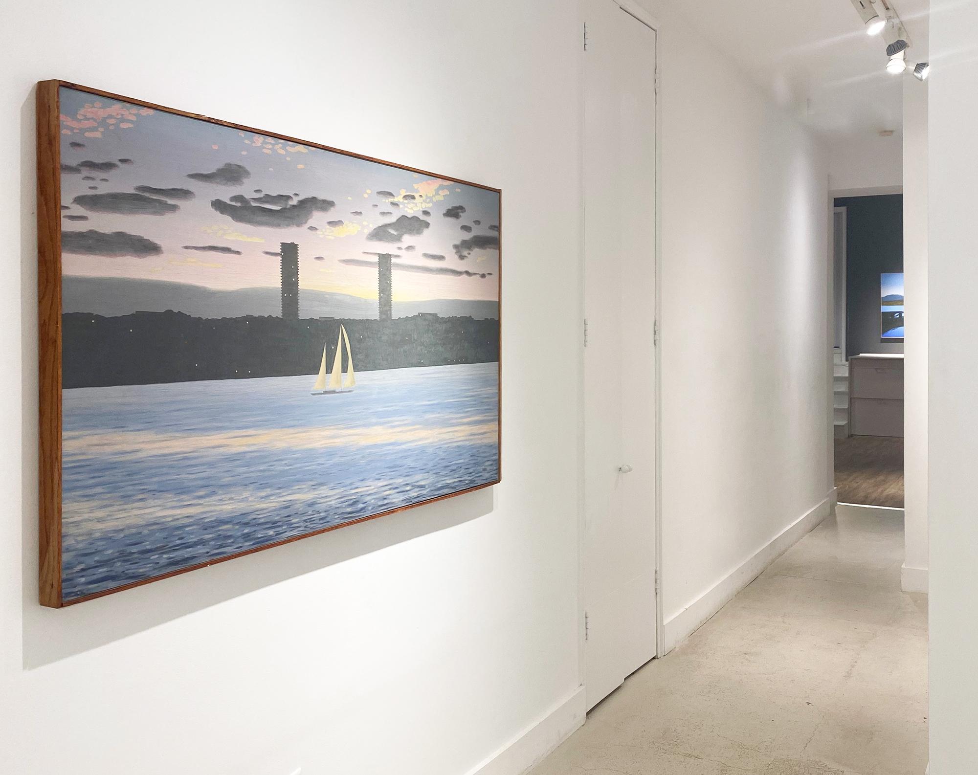 Skyline del New Jersey con barca a vela (Scena del fiume Hudson al tramonto di Bull Sullivan) - Painting Contemporaneo di Bill Sullivan