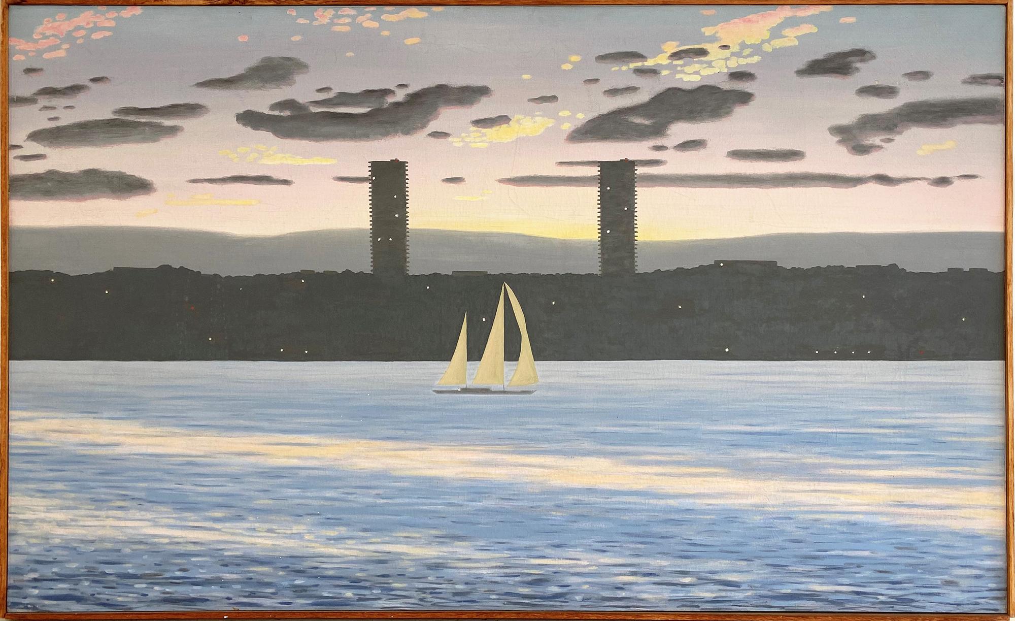 Skyline del New Jersey con barca a vela (scena nuvolosa del fiume Hudson al tramonto) di Bill Sullivan
c. 1980
olio su tela
36,5 x 60 pollici

Il defunto pittore ed editore Bill Sullivan è noto per i suoi paesaggi, molti dei quali raffigurano vedute