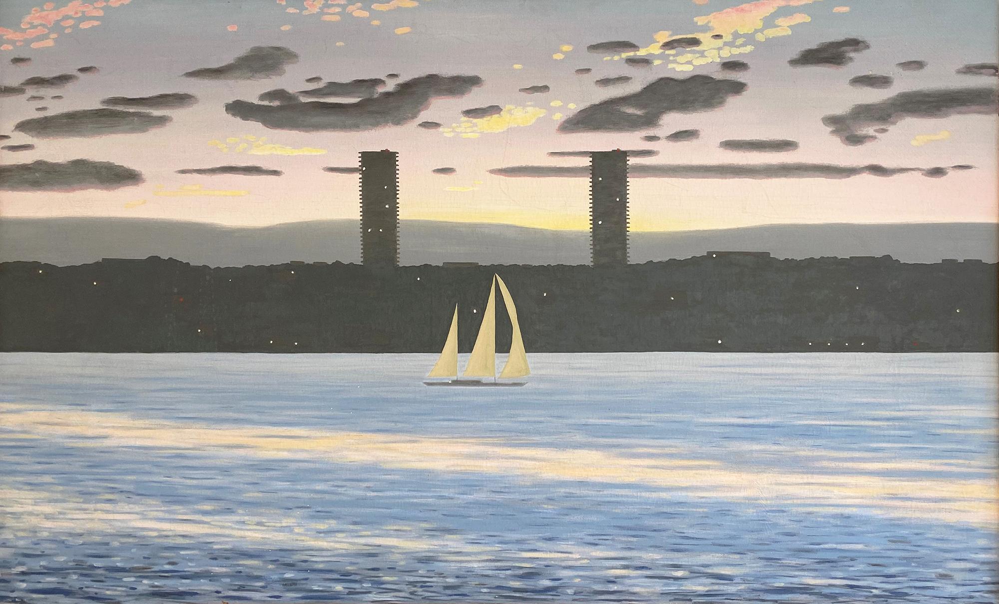 Figurative Painting di Bill Sullivan - Skyline del New Jersey con barca a vela (Scena del fiume Hudson al tramonto di Bull Sullivan)