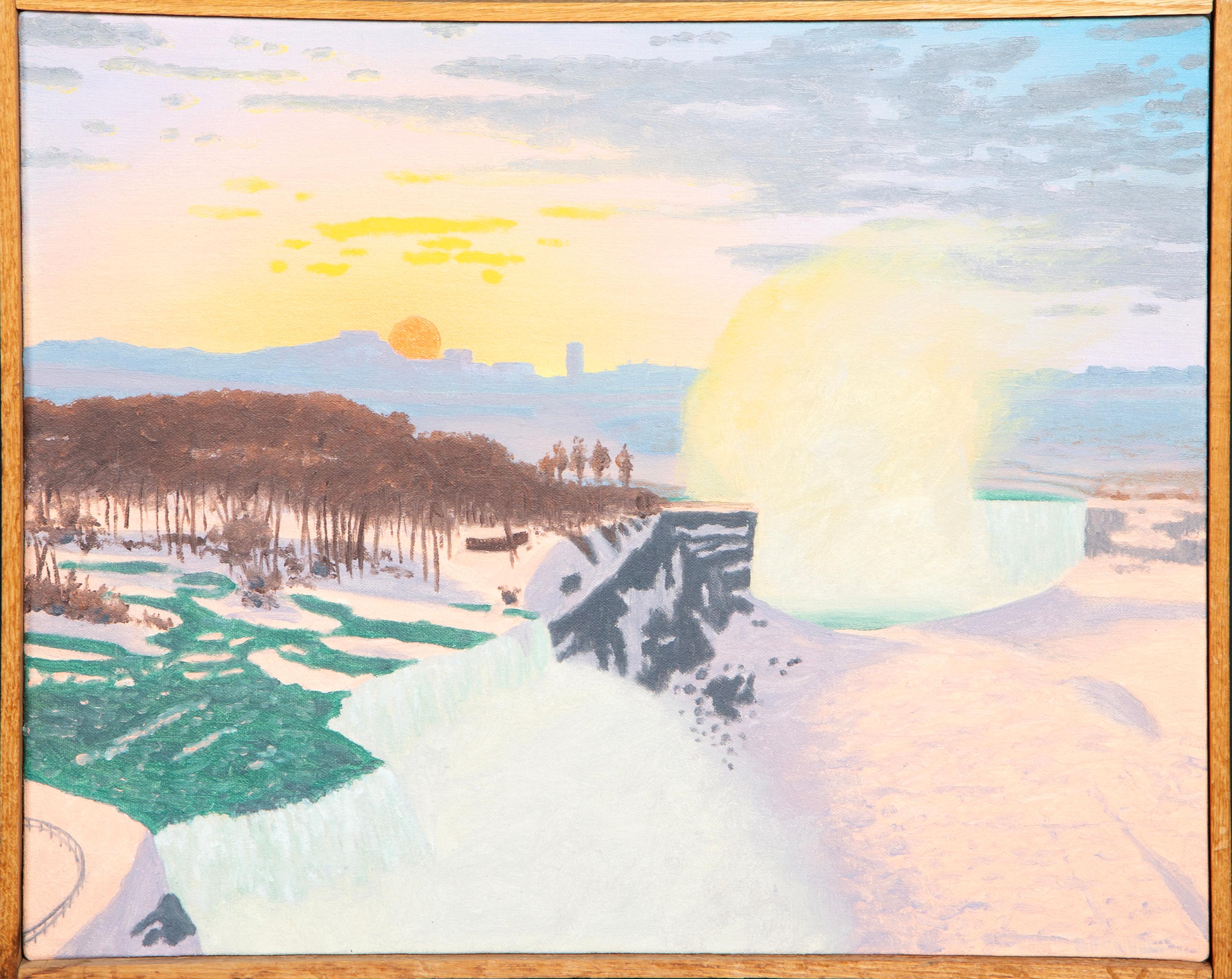 Bill Sullivan, American (1942 - ) - Pink Niagara, Year:  1986, Medium:  Oil on Canvas, dated and titled on verso, Size:  16 x 20 in. (40.64 x 50.8 cm), Frame Size:  17 x 20.75 inches, Description:  A psychedelic landscape half-covered with snow,